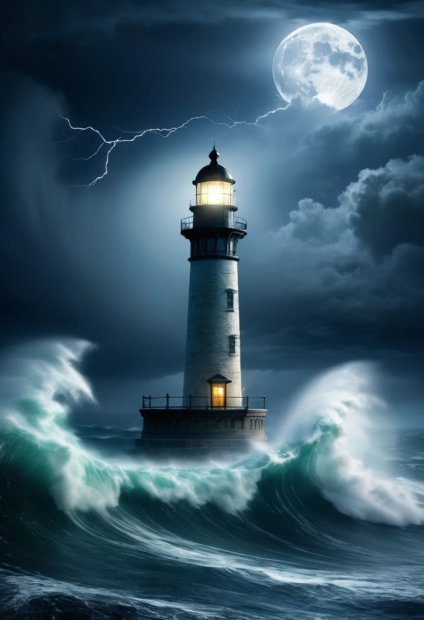 A solitary lighthouse steampunk battling the storm, the light of the full moon illuminating the tumultuous waves, the mystical mist adding an atmosphere of mystery and danger, while lightning rends the night sky, reflective water, ultrahigh definition, 3D depth, inspired by Leonardo da Vinci, Rembrandt, J.M.W. Turne