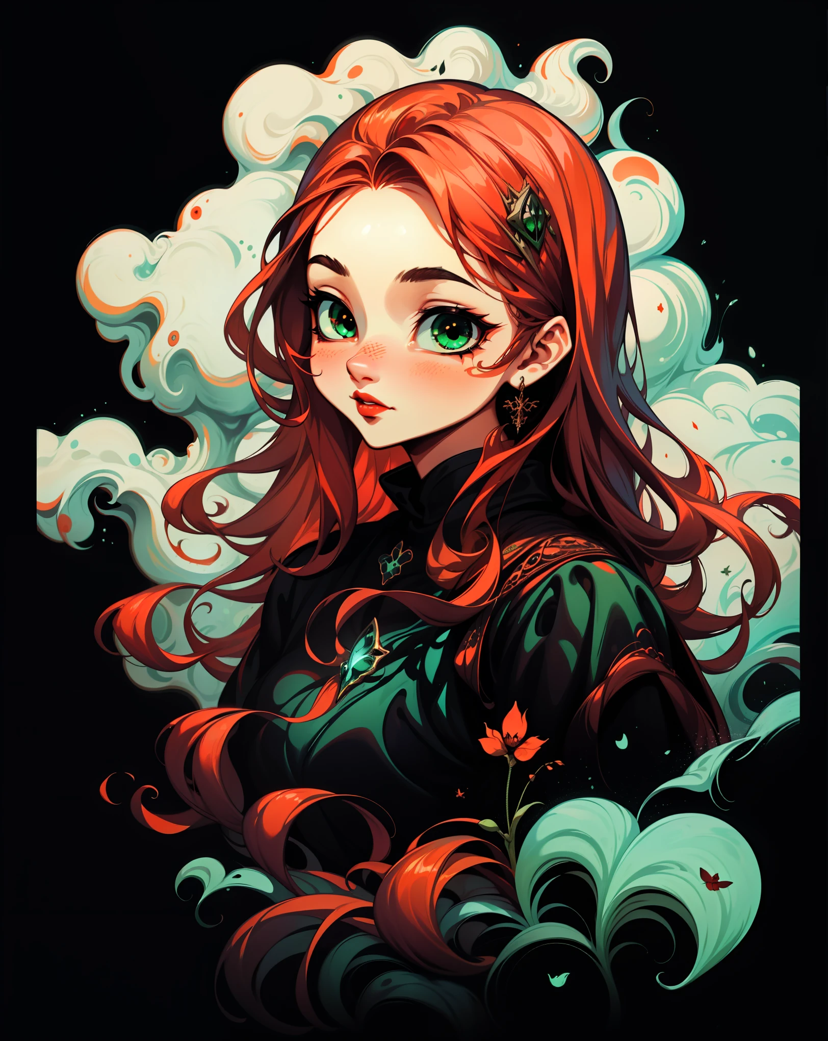 sticker, simple background, portrait, 1 girl, girl with long hair, red-haired orange hair, Green eyes, Aesthetic, Beautiful girl, very beautiful fantasy art, Beautiful and elegant, beautiful detailed fantasy, deep red and black color palate, deep red color theme.