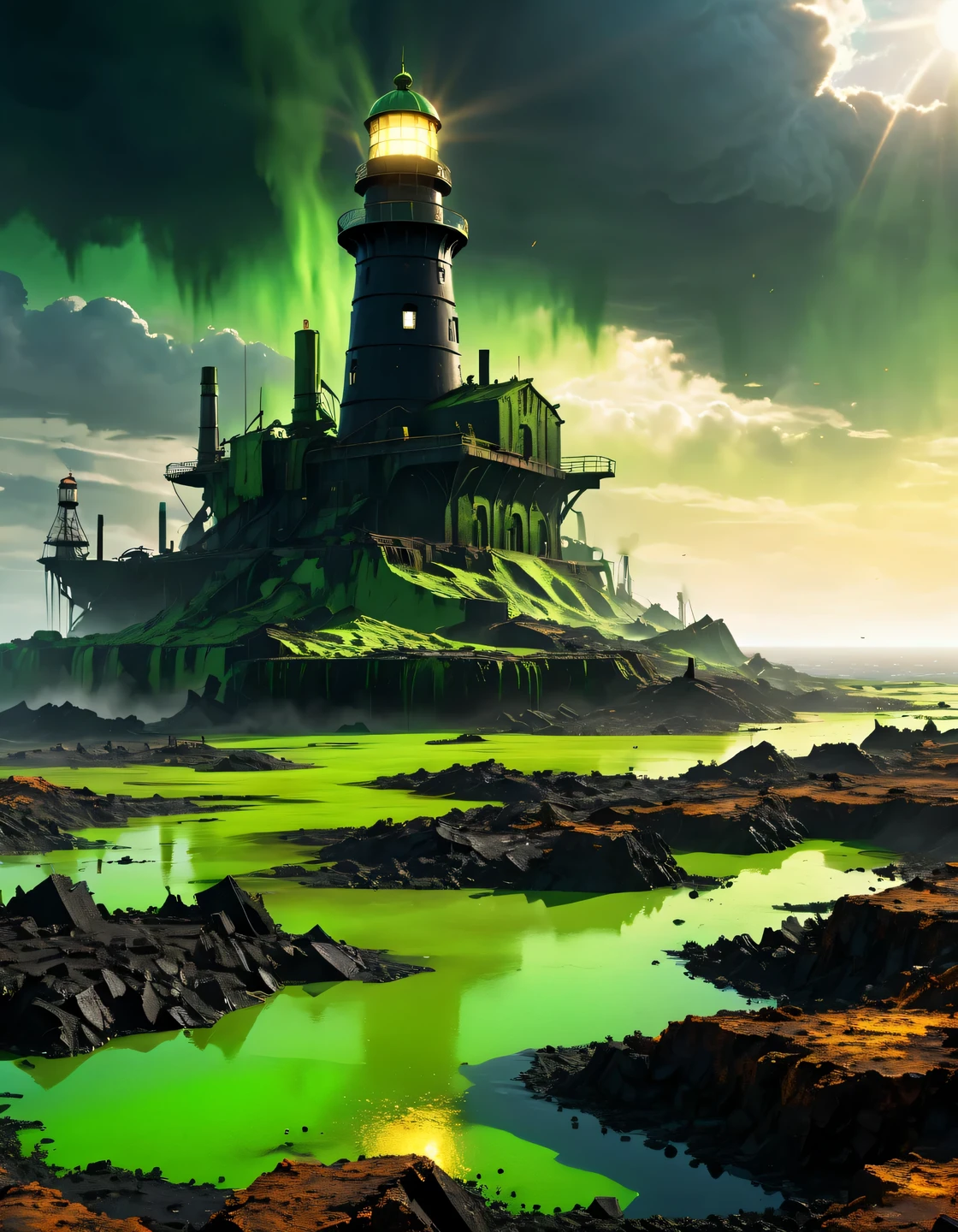 (Огромный lighthouse надежды рассеивает тьму:1.5) apocalypse with its (((powerful bright yellow rays))), Post-apocalyptic world with ruins of cities and dumps of destroyed robots, cyborgs and mechs., the sky is covered with thick dark clouds and black smoke, Among the rusty remains and debris, dirty puddles emit foul smoke, among the devastation and chaos in the distance stands a huge fortified and well- protected lighthouse, (lighthouse:1.305 dispels the darkness) with his bright (golden rays of light:1.4055), (tracking rays of golden light:1.505), (the lighthouse is shown in detail), high texture smoothing, high resolution objects, 32K, hyper detail, Surreal sci-fi style, DAZ 3D, Realistic brush strokes, unreal engine 5, Ultra-realistic rendering of details, Stunningly realistic graphics, Very detailed photo