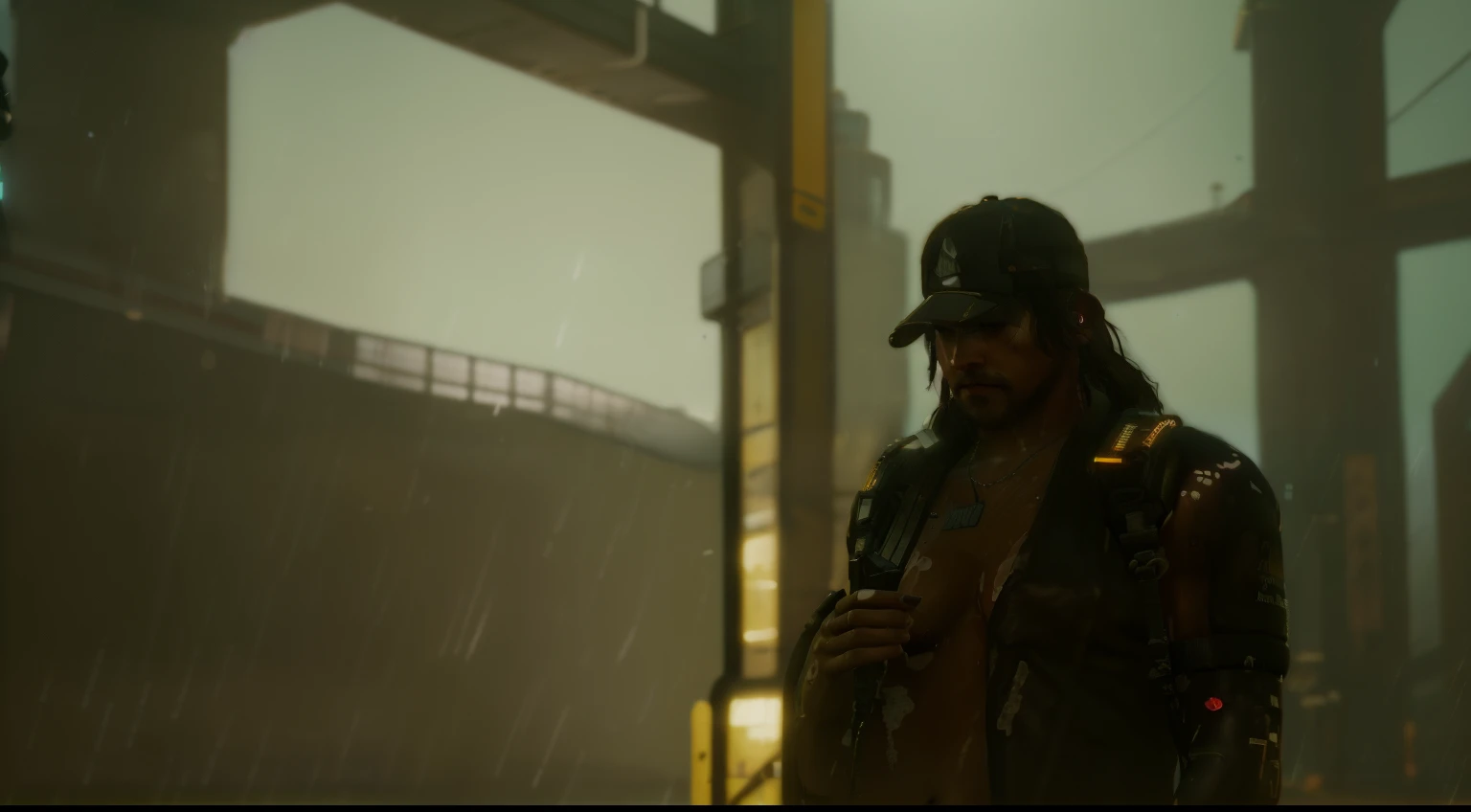 there is a man standing in the rain with a hat on, ( cyberpunk 2 0 7 7, (cyberpunk 2077), cyberpunk 2077”, shot from cinematic, detailed cinematic shot, in cyberpunk 2077, in cyberpunk 2 0 7 7 cp 2 0 7 7, cinematic level shot