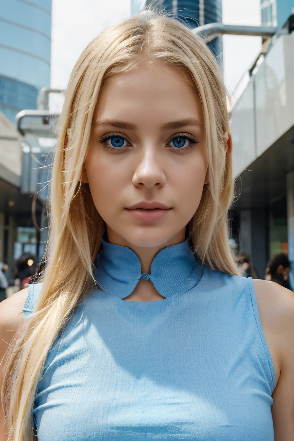 beautiful 26 year old woman, blue eyes blond hair, in a filed of futuristic cotton candy.