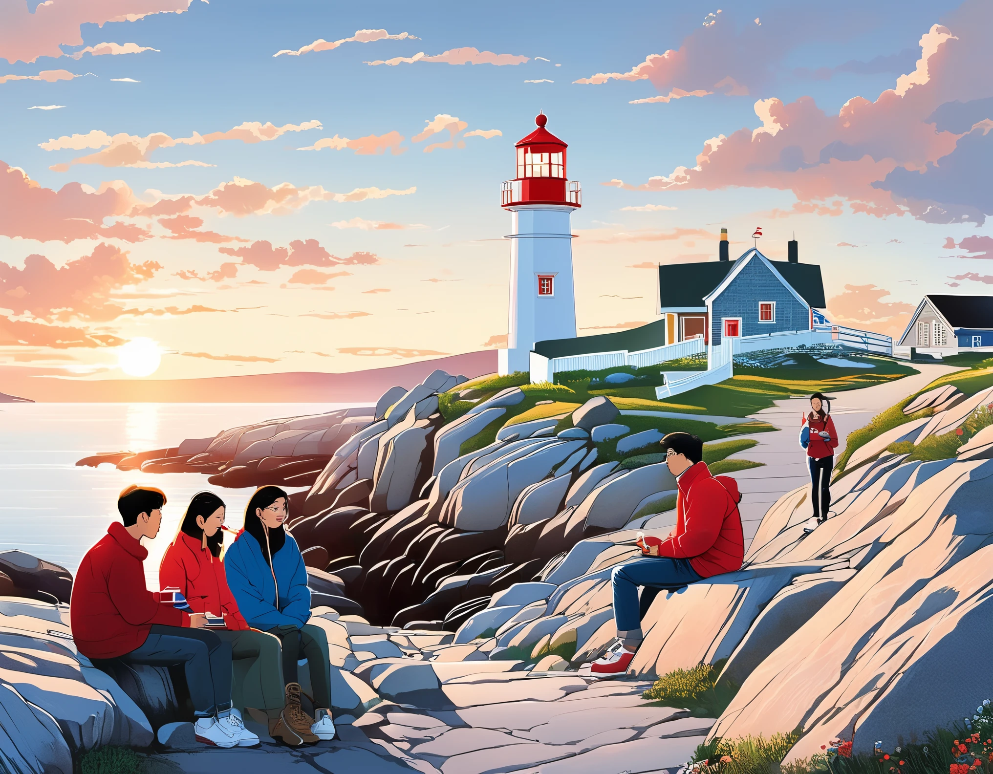 （Three Chinese students are looking at the lighthouse，Happy eating lobster：0.85），sitting on the embankment，sunglasses，Backpack，cigarette case，Blue jacket and jeans， White tourist shoes，background：Horseshoe-shaped Peggy&#39;s Cove, Canada，There are rocks on both sides，Huge sunset，post office，