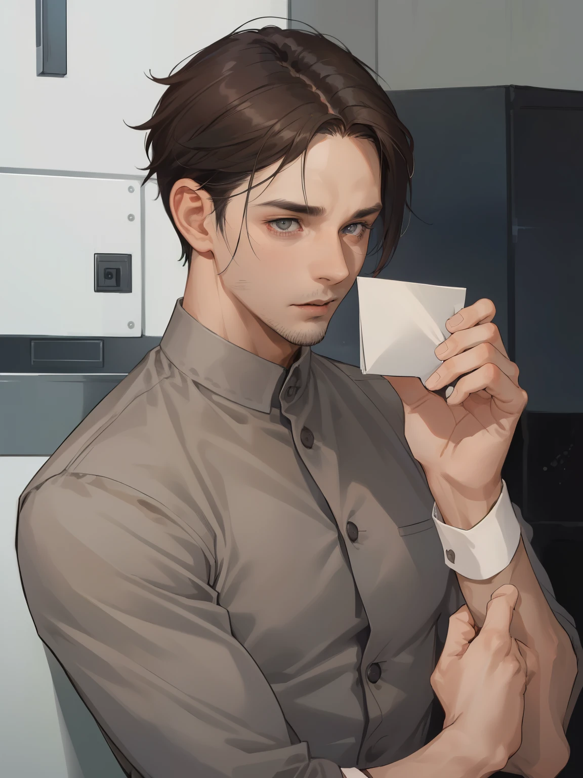 (((1 man))), (((mature))), (((36yo))), (((masculinity))), Slim, short hair, dark brown hair color, grey eyes