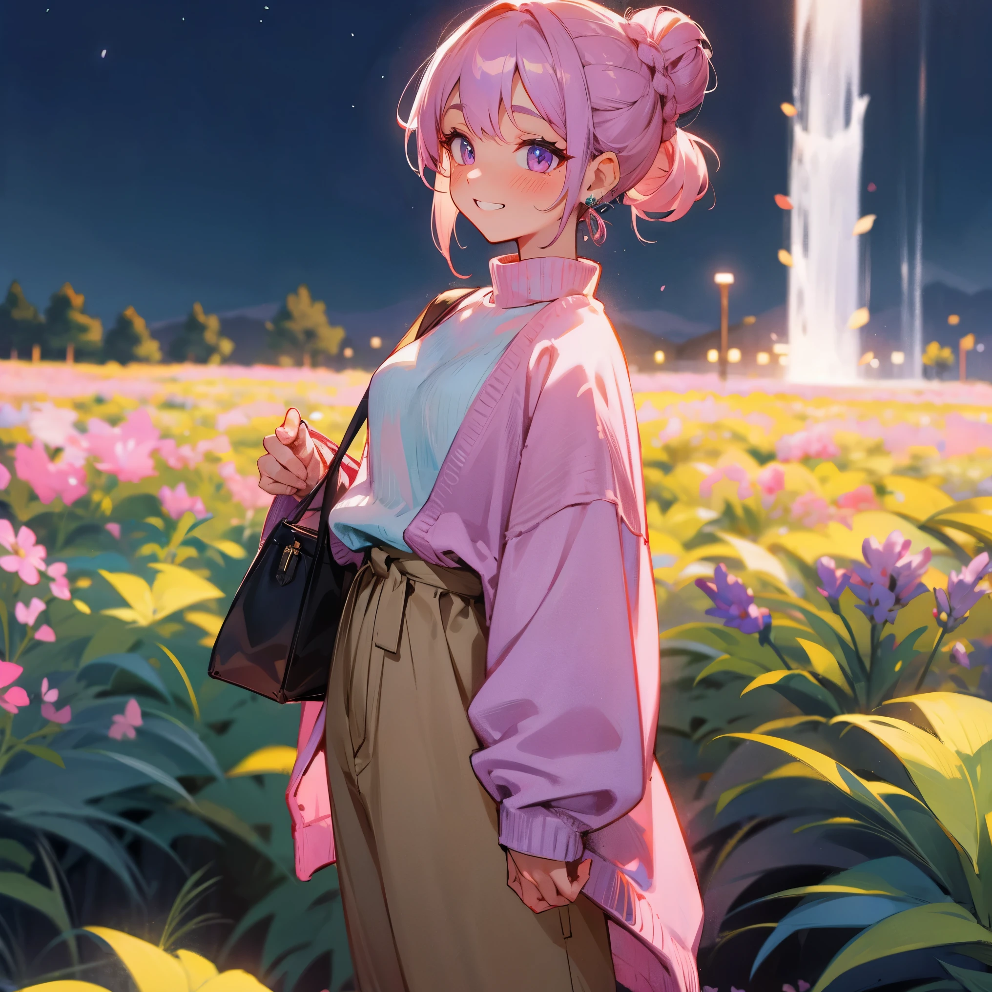 1female, adult, medium breast, tan skin, finely detailed lavender eyes, short wavy buns, pink and teal ombre hair color, loose long sleeve oversized sweater, loose baggy pants, tattoos, blushing, standing in flower field, waterfall, night, cocky grin, village background, shy expression, earrings 