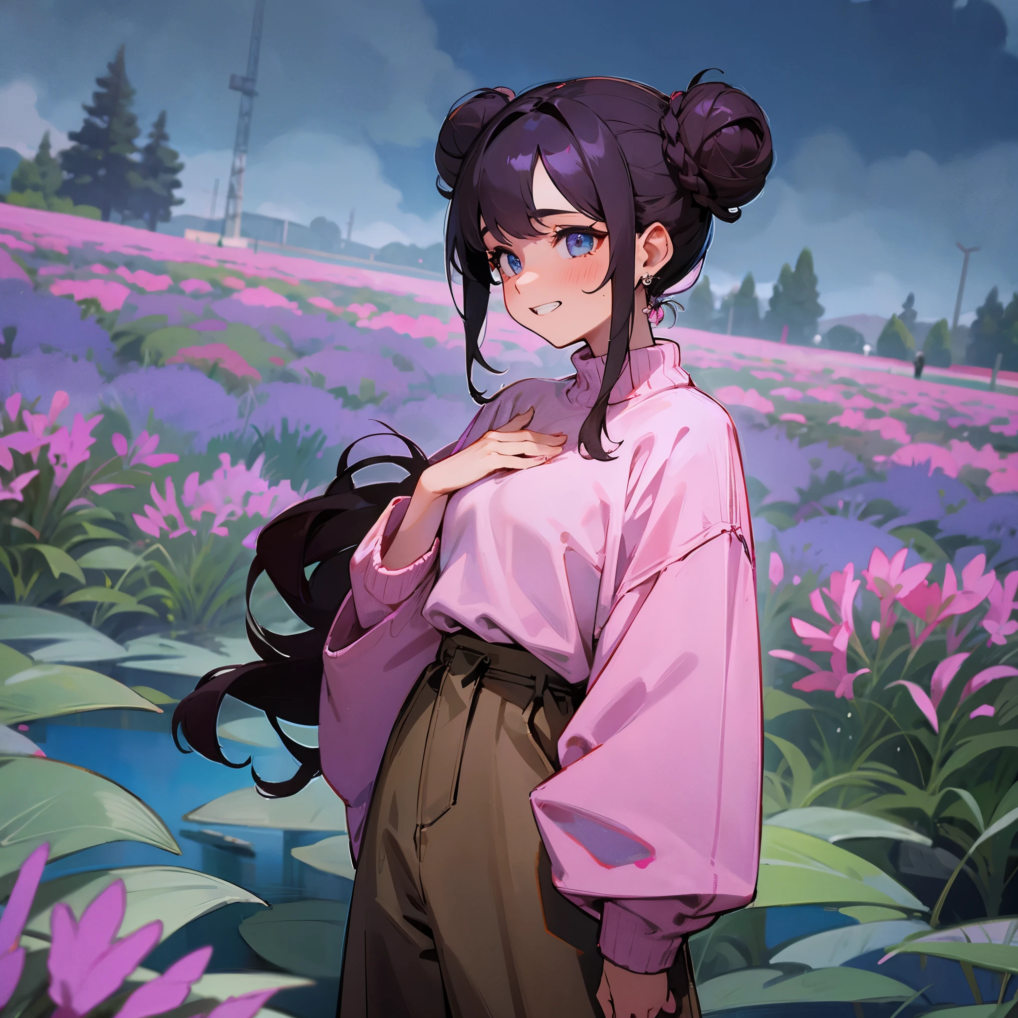 1female, adult, medium breast, tan skin, finely detailed lavender eyes, short wavy buns, pink and teal ombre hair color, loose long sleeve oversized sweater, loose baggy pants, tattoos, blushing, standing in flower field, waterfall, night, cocky grin, village background, shy expression, earrings