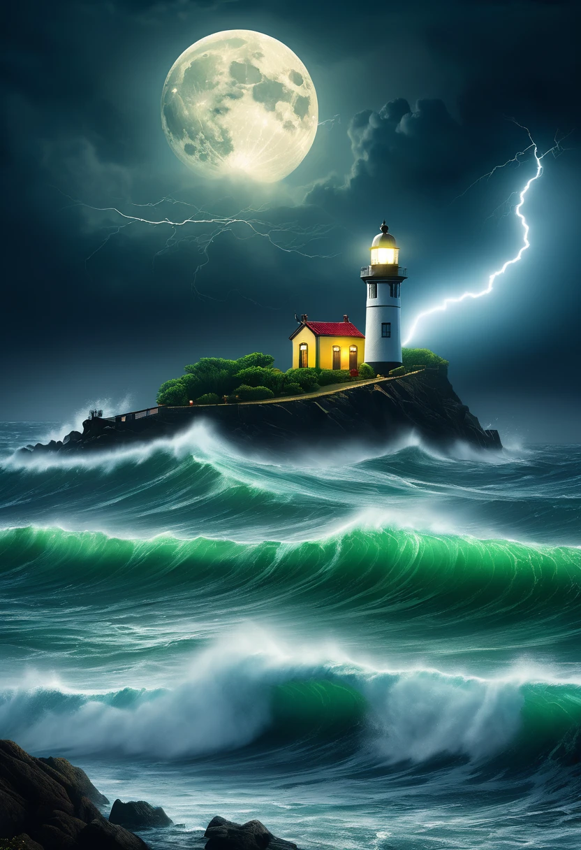 A solitary lighthouse steampunk battling the storm, the light of the full moon illuminating the tumultuous waves, the mystical mist adding an atmosphere of mystery and danger, while lightning rends the night sky, reflective water, ultrahigh definition, 3D depth, inspired by Leonardo da Vinci, Rembrandt, J.M.W. Turne