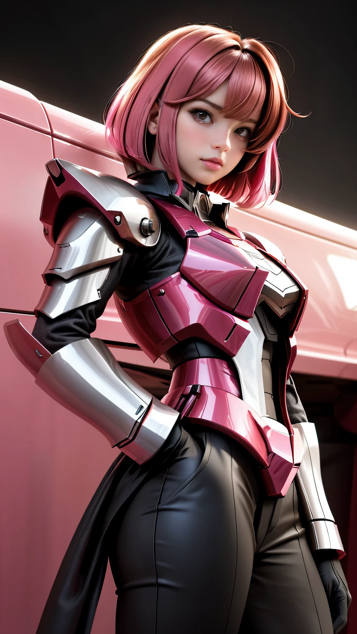 Photo of two realistic black Sazabi girls，Shortcut Bob Cut，I have a lot of hair，brown eyes，Hair color is bright pink，cool look，background is gray，16 year old daughter of Haman Khan and Char Aznable.
