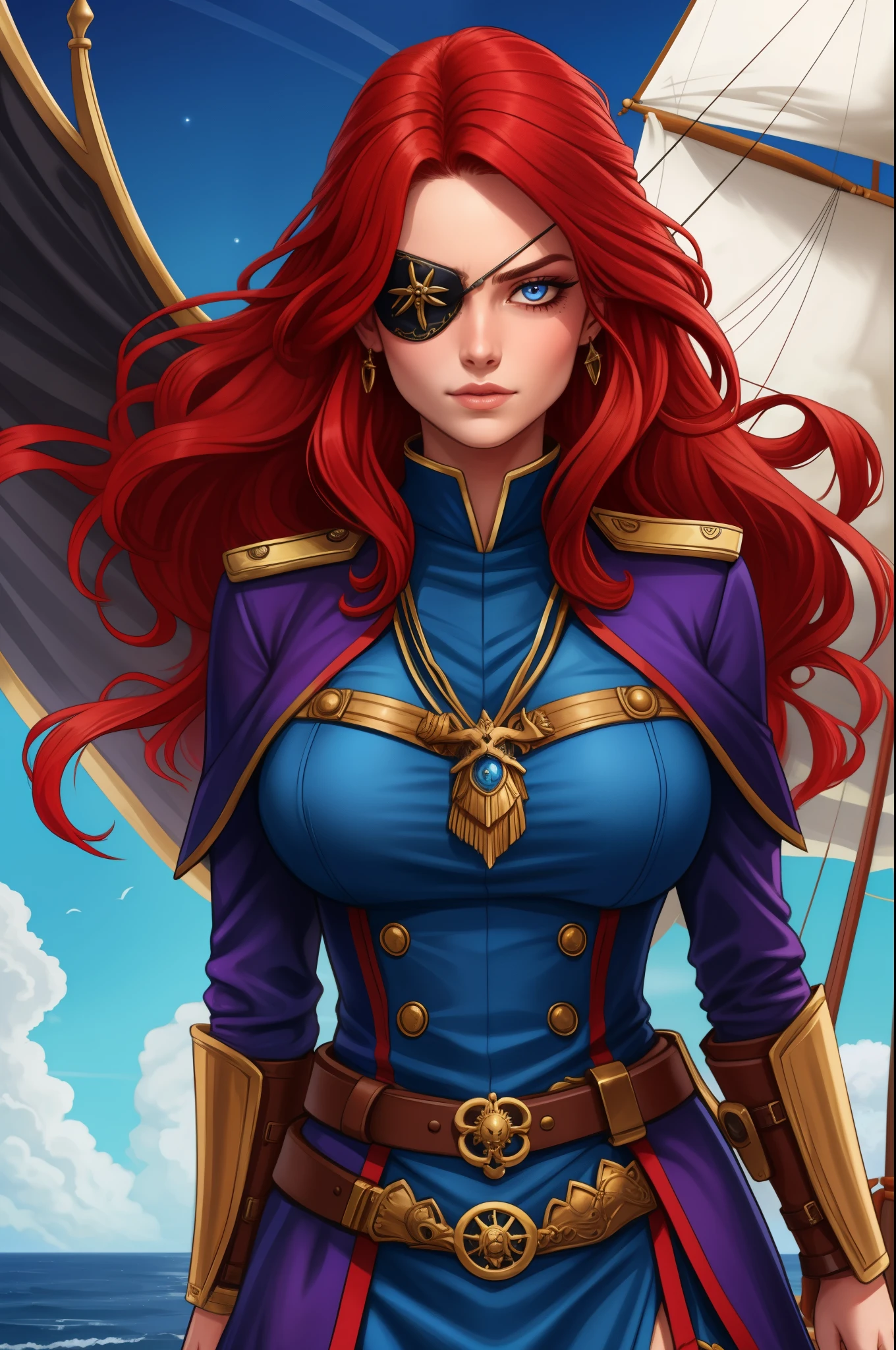 Imagine a dynamic portrait of Captain Alexandra Nelly, a fearless sky pirate hunter with a vibrant and complex background. She stands confidently, embodying both her human and mystical air spirit heritage. Her bright red hair, infused with streaks of purple, flows freely, symbolizing her wild spirit and connection to the sky. Her facial expression is determined and fierce, marked by a significant slash across one side of her face, a remnant of a pirate attack. This injury has left her with a unique eye that glows with a soft blue magic, a direct link to her air spirit mother. Though she often covers this magical eye with an eye patch, for this portrait, we see the glow peeking out, hinting at her ability to see magic directly. She's dressed in attire befitting her role as a captain who hunts pirates and frees slaves, blending practicality with the flair of high adventure. Her outfit is a mix of rugged leather and flowing fabrics, suggesting both her toughness and her connection to the air. Around her, the hint of a magical, ethereal ship suggests her quest to find her father and the living ship named after her mother, highlighting her deep personal stakes in her adventures across the sky islands full body shot