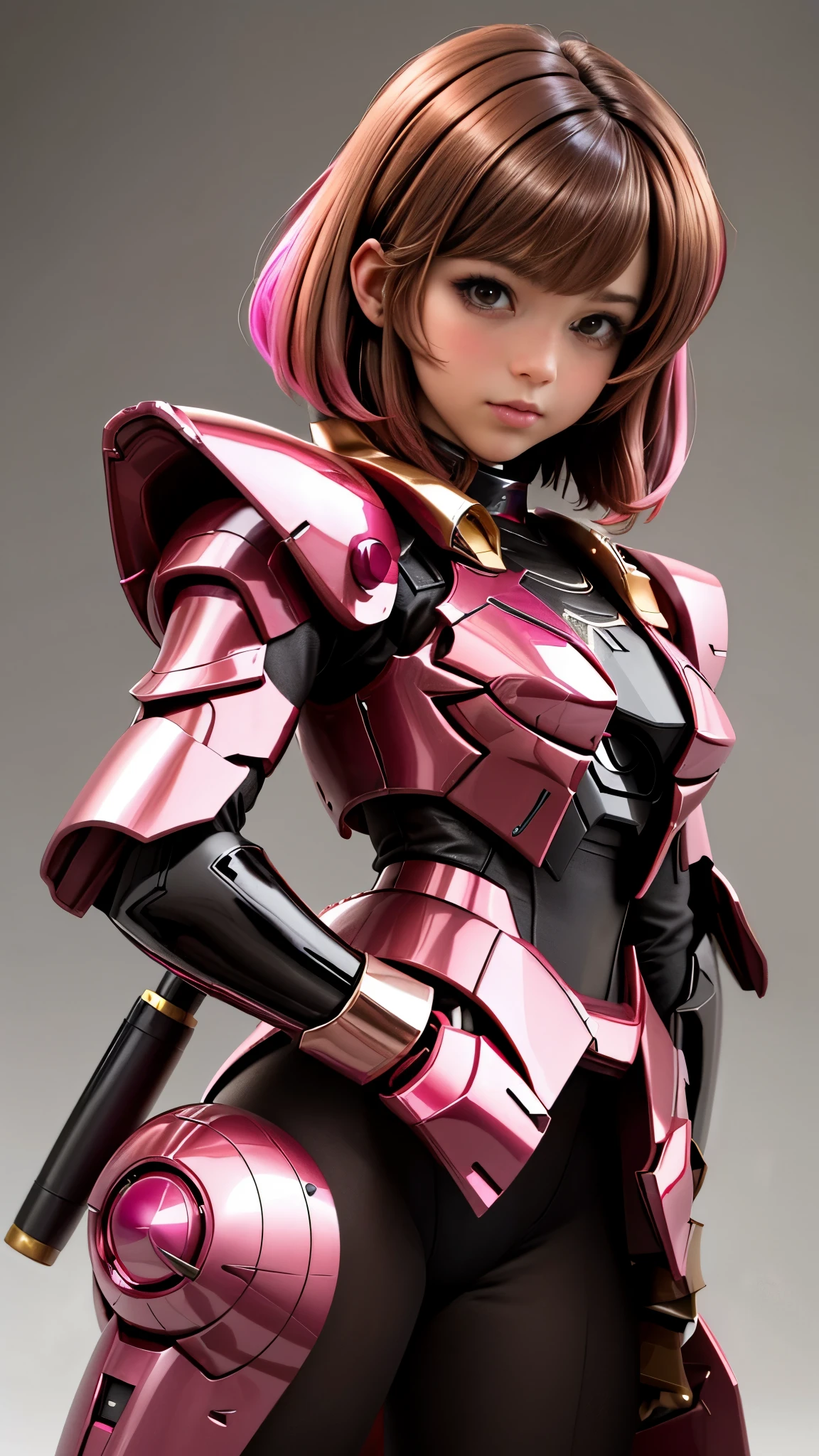 Photo of two realistic black Sazabi girls，Shortcut Bob Cut，I have a lot of hair，brown eyes，Hair color is bright pink，cool look，background is gray， daughter of Haman Khan and Char Aznable.