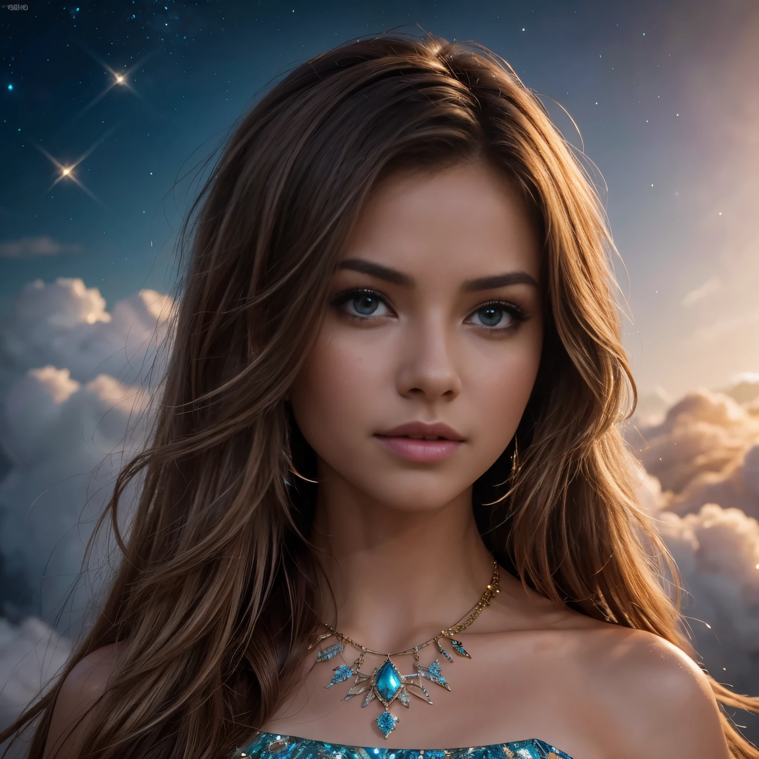 Our AI model takes flight on a magical carpet made of shimmering crystals, soaring above clouds that glisten like diamonds. Dressed in a celestial gown adorned with cosmic jewels, she embodies the fantasy of a journey among the stars. The ethereal atmosphere and celestial gems create a dreamlike setting for this enchanted vacation photoshoot. photorealistic, 8K, very high resolution, strong details, facial details, girl, brunette, long hair