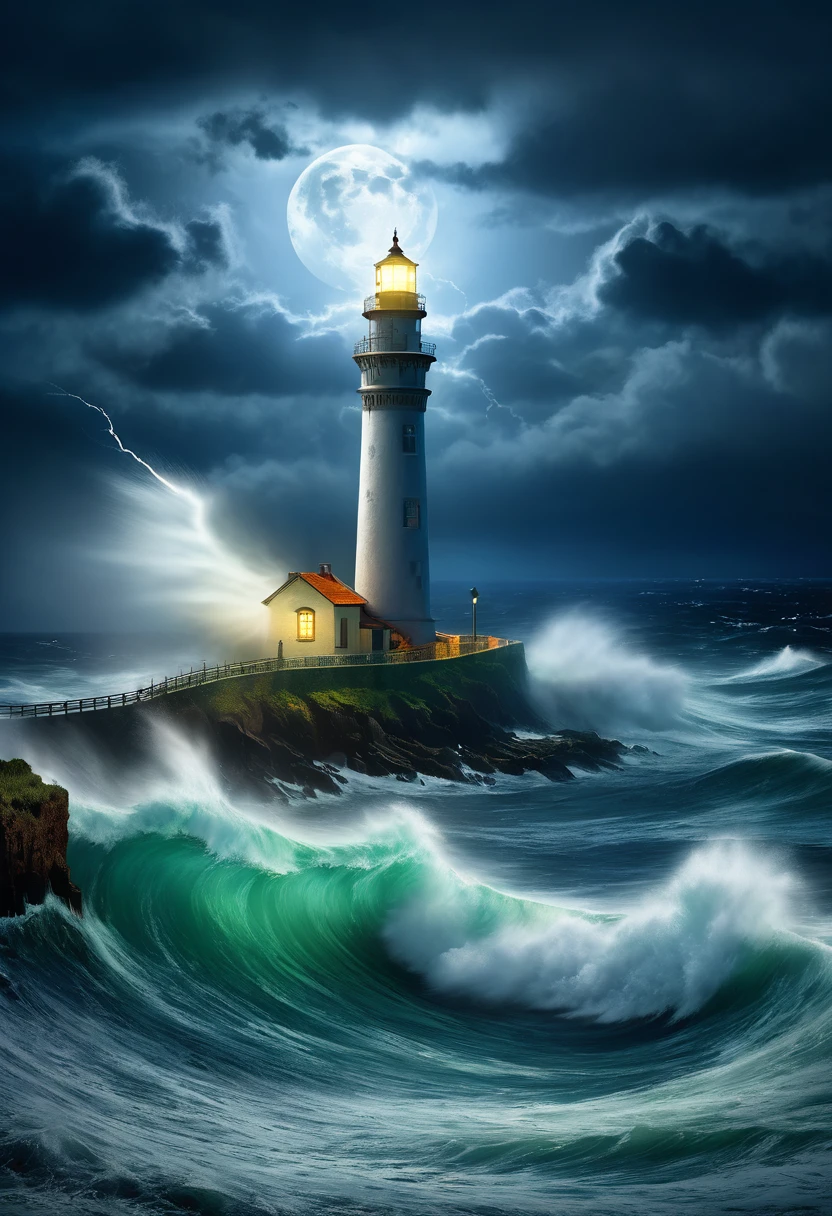 A solitary lighthouse steampunk battling the storm, the light of the full moon illuminating the tumultuous waves, the mystical mist adding an atmosphere of mystery and danger, while lightning rends the night sky, reflective water, ultrahigh definition, 3D depth, inspired by Leonardo da Vinci, Rembrandt, J.M.W. Turne