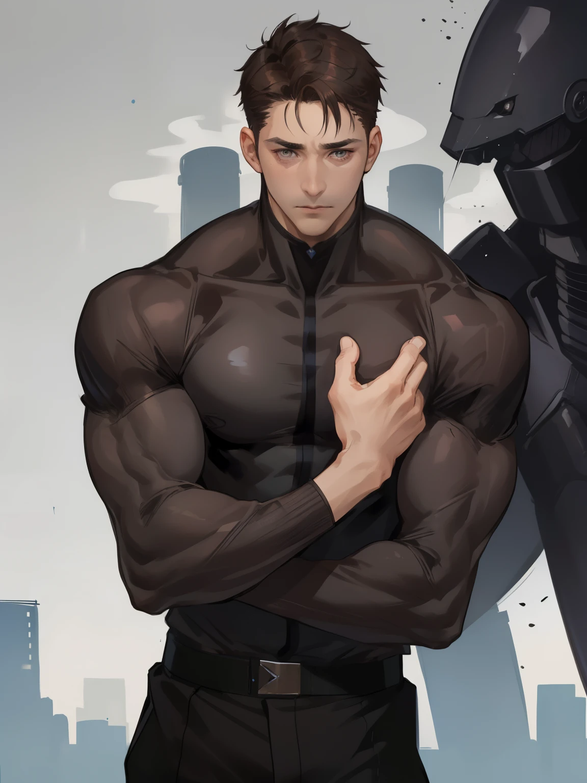 (((1 man))), (((mature))), (((36yo))), (((hyper masculinity))), Slim, short hair, dark brown hair color, grey eyes