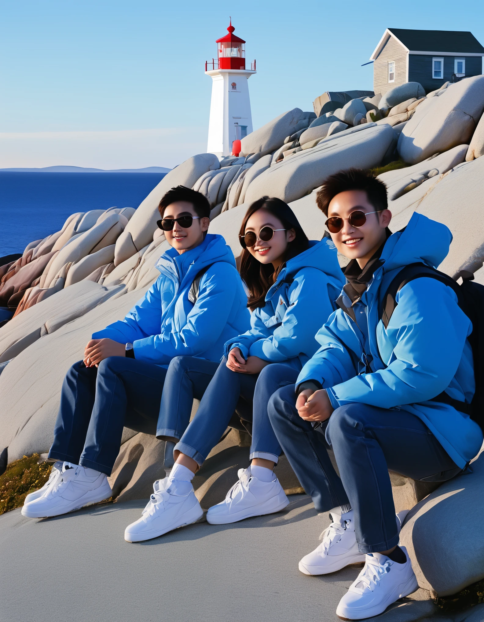 （Three Chinese students are looking at the lighthouse，Happy eating lobster：0.85），sitting on the embankment，sunglasses，Backpack，cigarette case，Blue jacket and jeans，1 boy and 2 girls， White tourist shoes，background：Horseshoe-shaped Peggy&#39;s Cove, Canada，There are rocks on both sides，Huge sunset，post office，