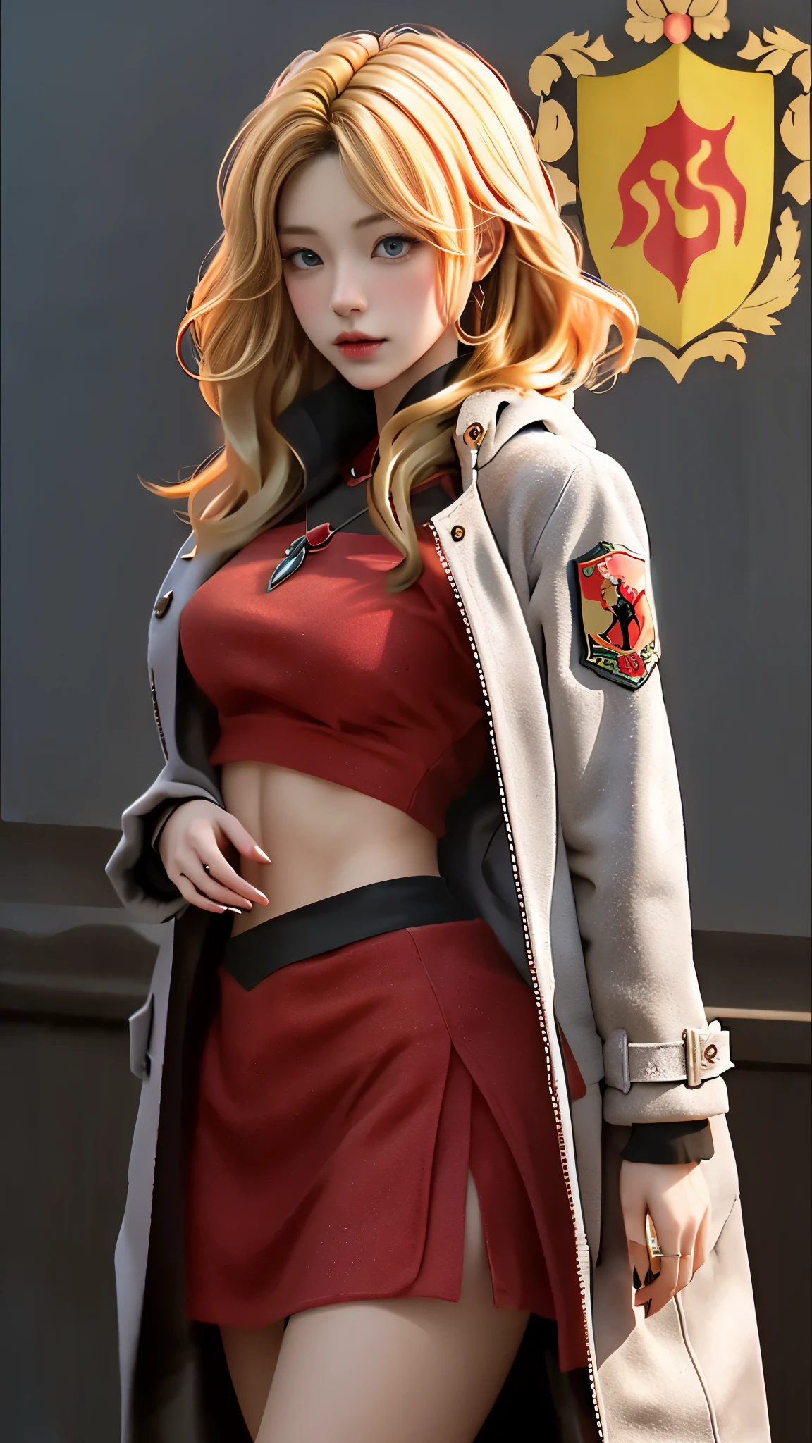Realistic Red Sotheby Girl Photo，35 year old beautiful woman，long side waves，delicate blonde hair，cool look，background is gray，Coat of arms of the Principality of Zeon，