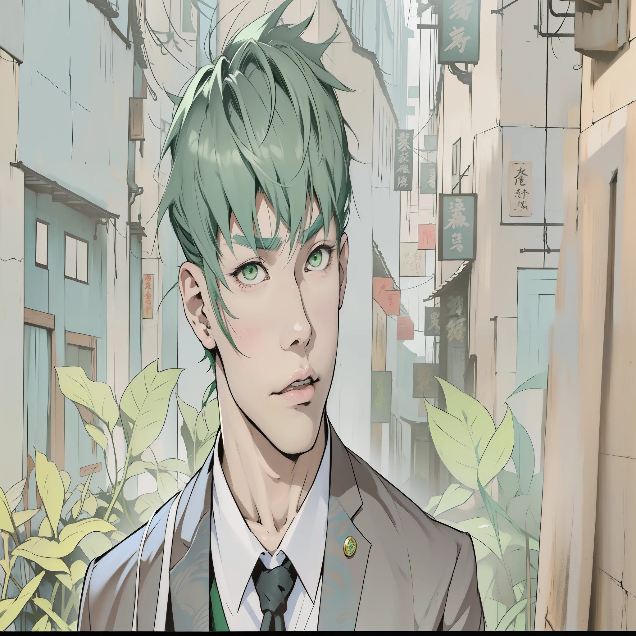 cute boy with green hair, green eyes, ,Imagen de estilo anime de un hombre con traje y corbata en una ciudad., inspirado en Yanjun Cheng, kentaro miura manga art style, retrato anime de un hombre guapo, chico anime alto con ojos azules, en un estilo anime, chico guapo en el arte de Demon Slayer, inspirado en Yanagawa Nobusada, Inspirado por Bian Shoumin, anime coreano art nouveau