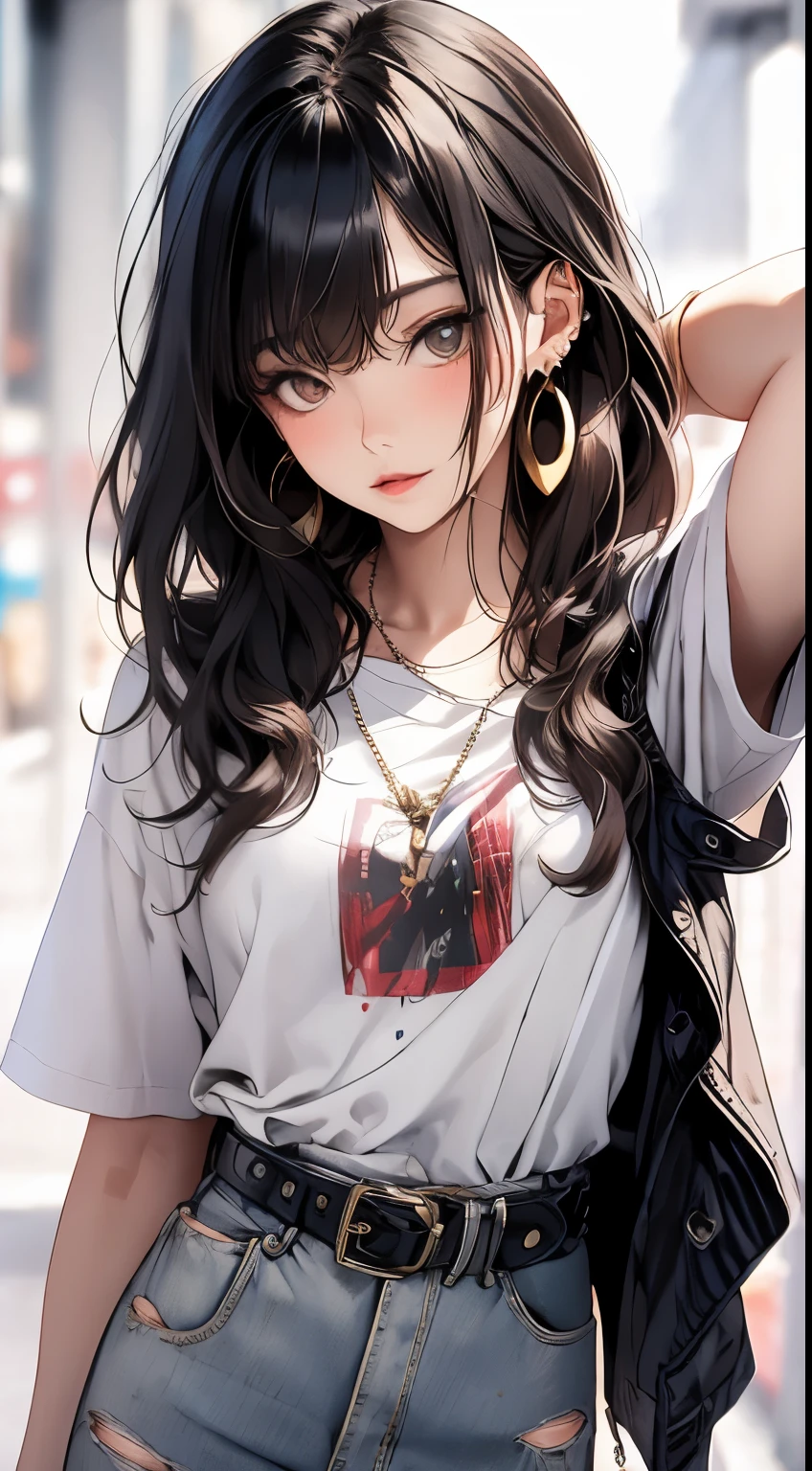 masterpiece, highest quality, pixiv, cool girl, lots of earrings, earrings, dark brown hair, curly hair, dull bangs, straight bangs, gray eyes, white skin, gal, Improve