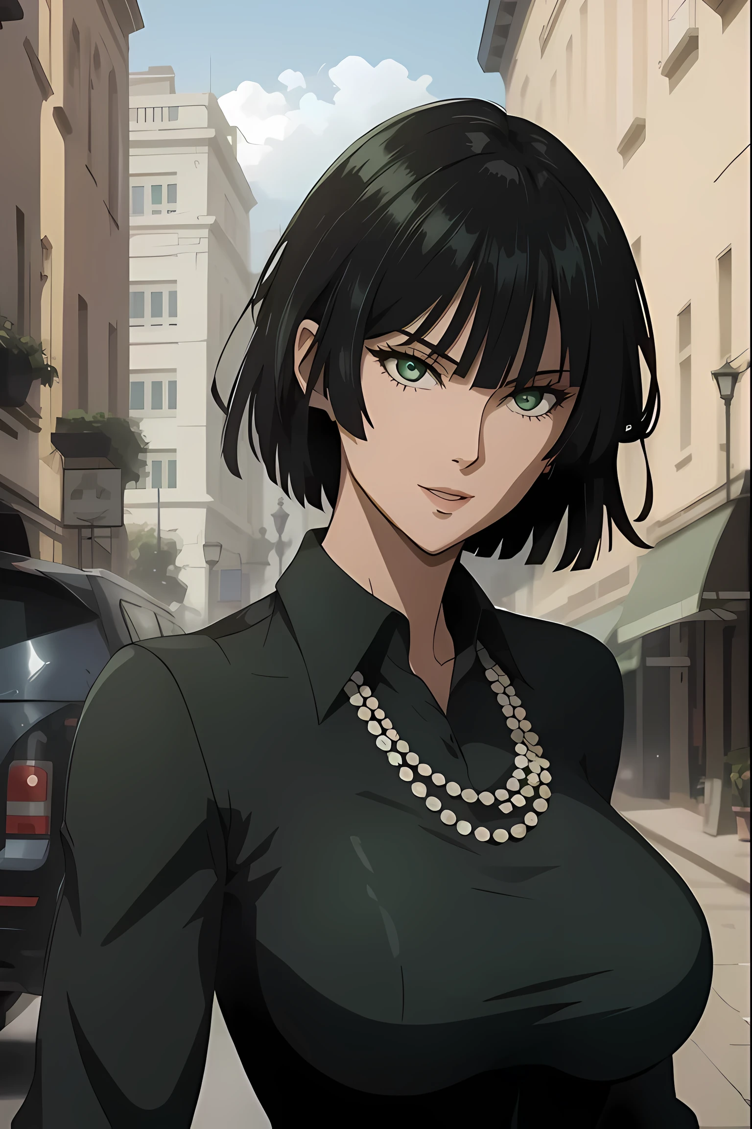 fubuki, 1girl, solo, dress, green eyes, green hair, dark green dress, long dress, full sleeves, pearl necklace, city, looking at camera, happy, parted lips, happy, beautifully detailed green eyes, expressive eyes, detailed eyes, 