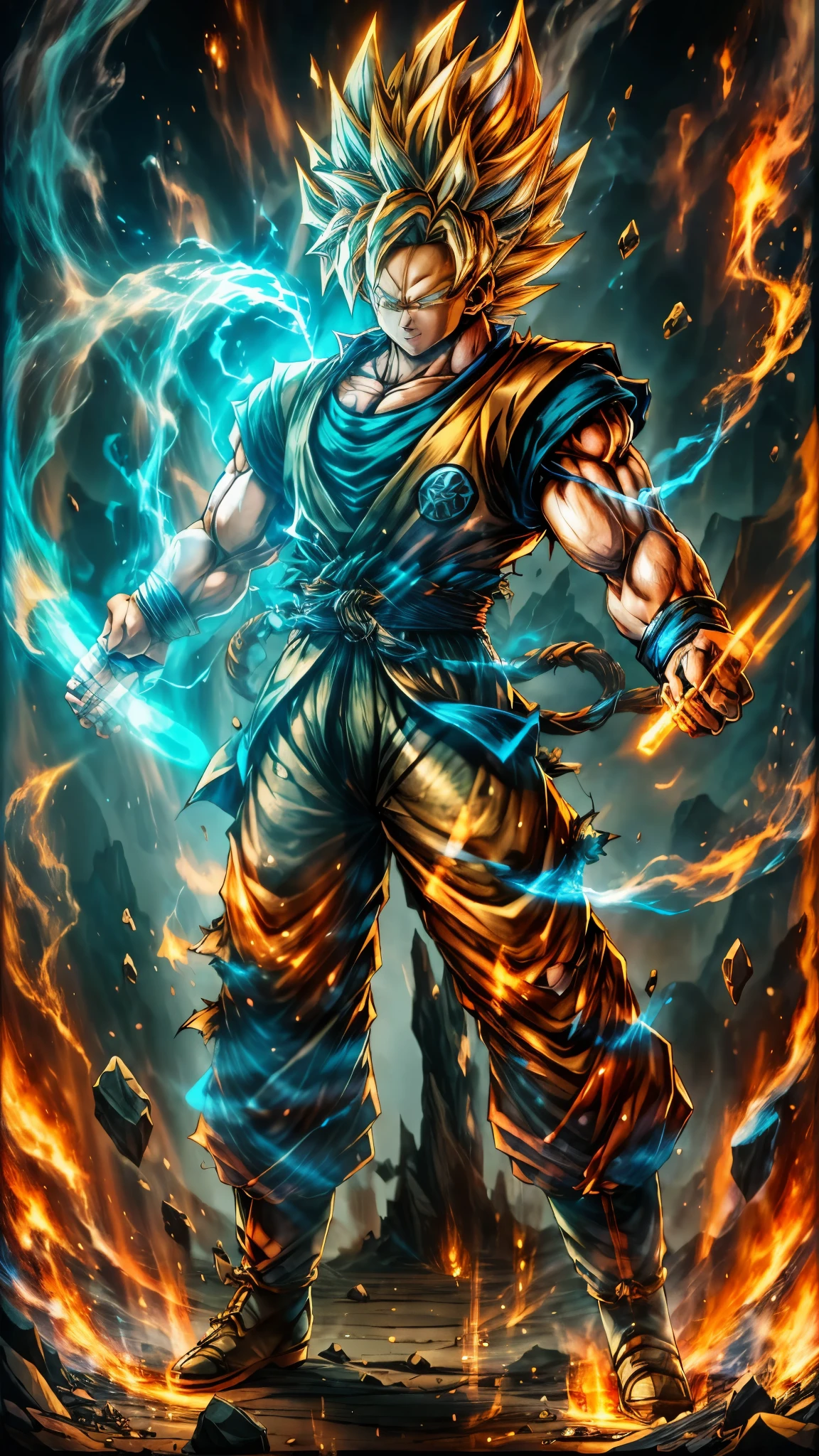 (RAW shooting, Photoreal:1.5, 8k, highest quality, masterpiece, ultra high resolution), ((Wukong, Super Saiyan)), perfect dynamic composition:1.2, Fight:1.2, いたるところで燃え上がる戦fire:1.3, Highly detailed skin and facial textures:1.2, force, cool, aura, fire, water, Wind, thunder, ice, Full length shot
