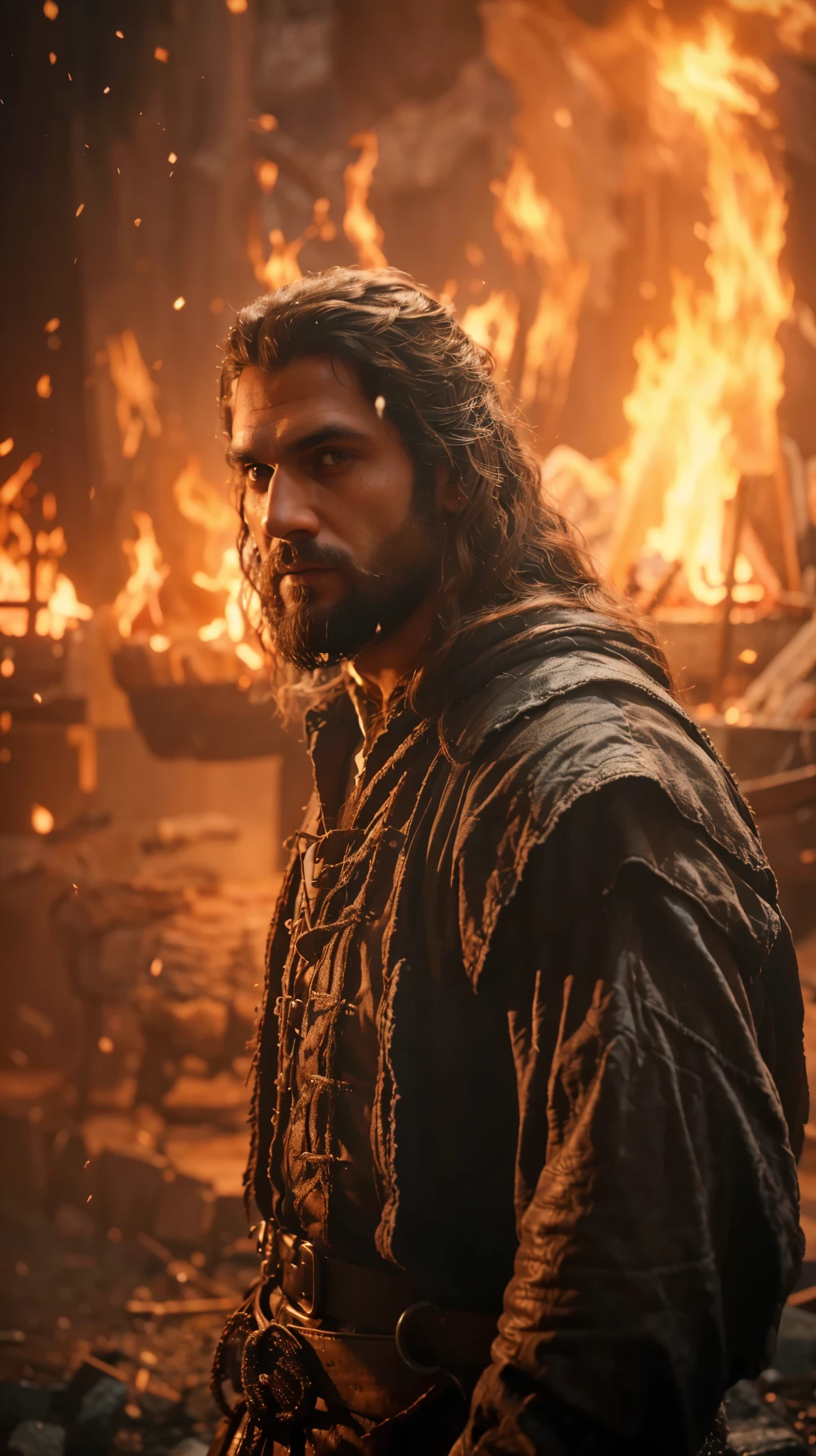 Tariq with long hair and beard standing in front of a fire, from witcher (2021), henry cavill as geralt of rivia, fantasy style 8 k octane render, ps5 cinematic screen capture, mario as the witcher, jason momoa as assyrian, henry cavill as wolverine, 8k vfx render, 8 k movie still
