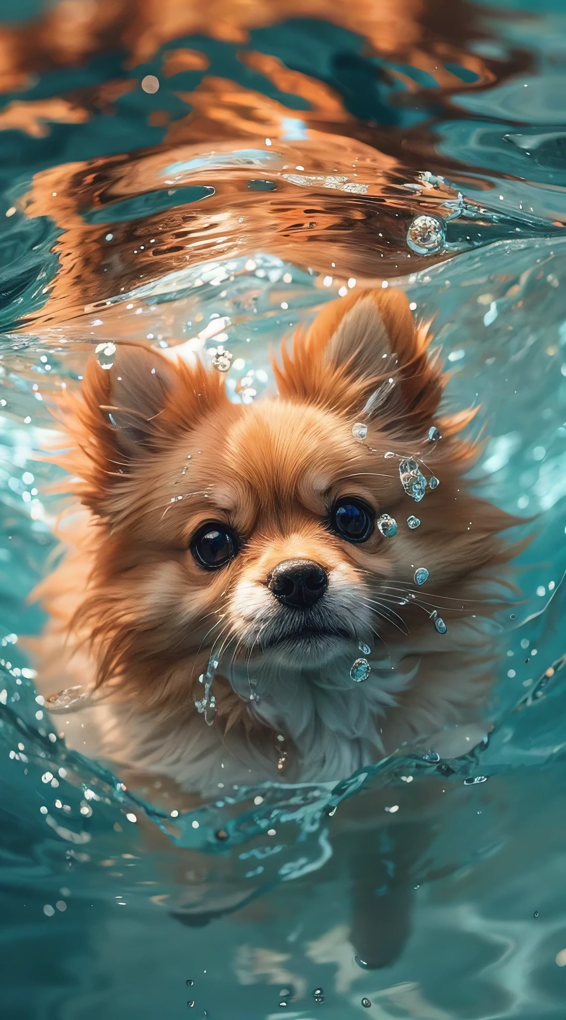 a Pomeranian floating in a body of water in the pool, Leanback,clear and transparent water, light white andturquoise,y2k aesthetic,soft and dreamy colors,brightlycolored, popular Instagram, high level of detail.realisticphoto feeling