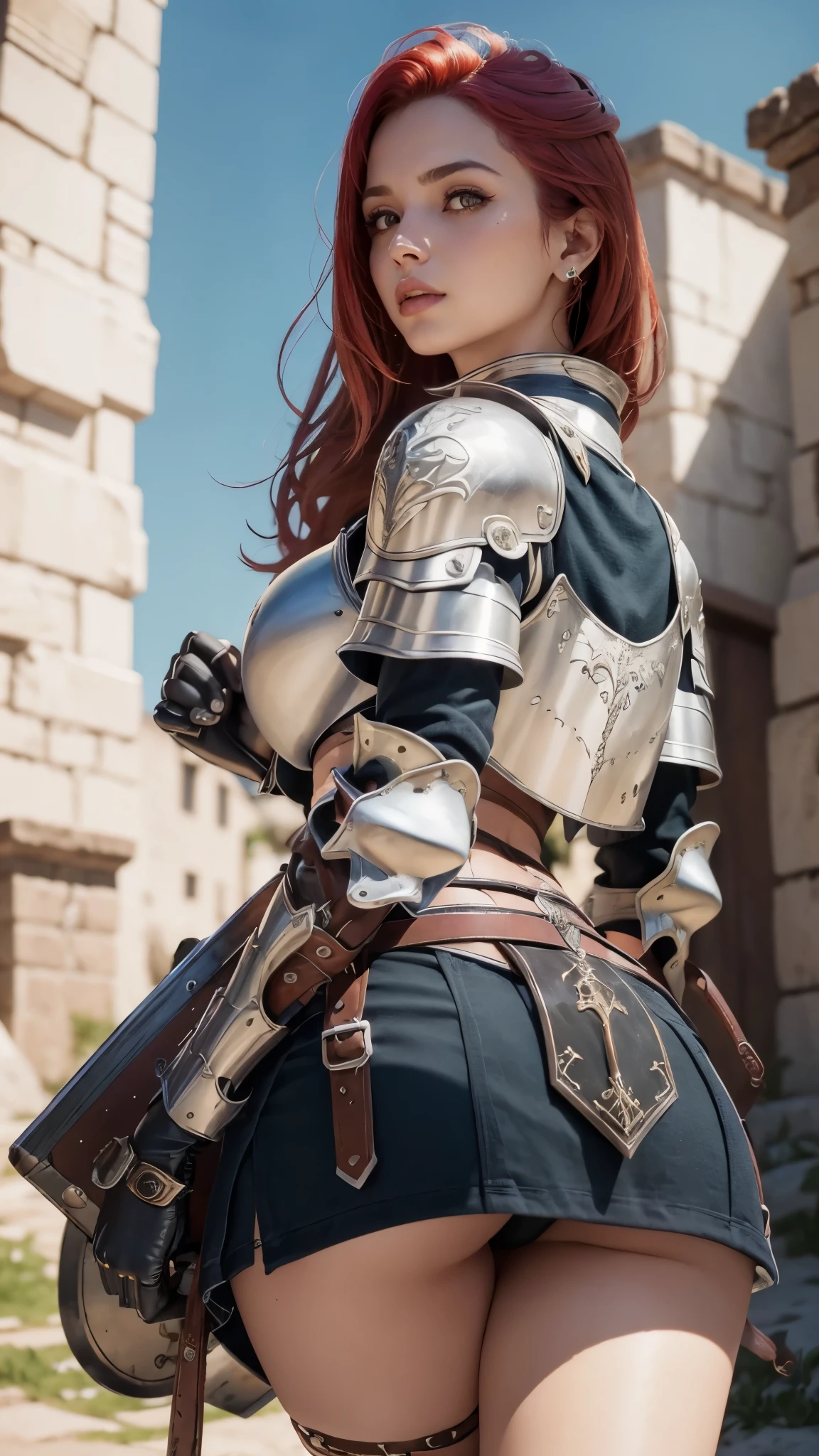 Um guerreira ruiva, de costas, usando uma armadura de placas, Steel gauntlets, steel gloves and steel breastplate, looking back, usando uma saia curta, saia vermelha, bunda grande nua aparecendo, pussy aparecendo de baixo, (saia para cima), fantasia medieval, d&d, RPG, obra-prima, melhor qualidade, 8K