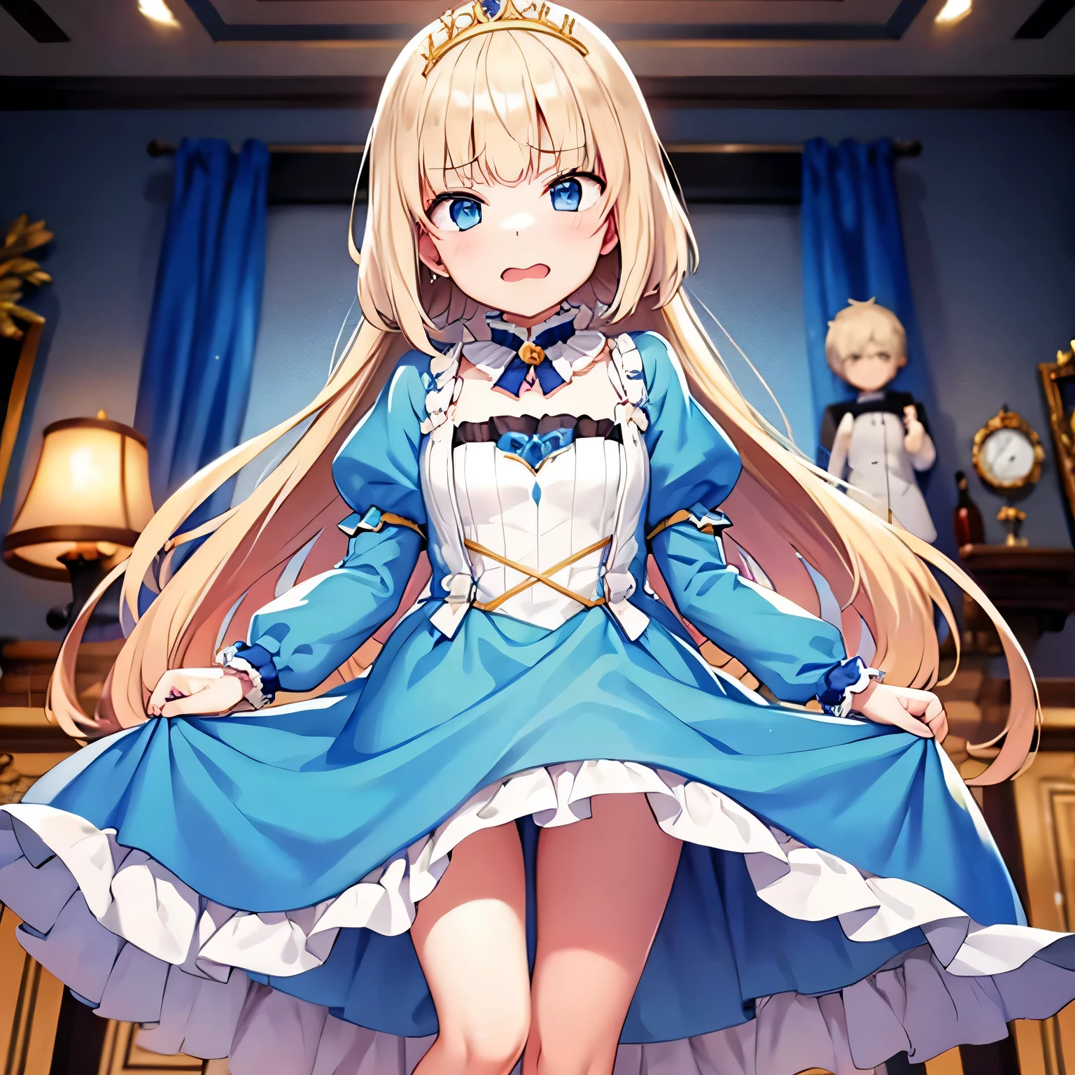 Princess Blue Dress、gold tiara、Transparent pure white skin、Glossy skin、long hair、golden hair、blue eyes、room、blush、skinny、View from the bottom、erect clitoris、((10 years old))、short skirt、(((spread legs)))、the man&#39;head is in front of pussy、(((Cunnilingus licks pussy in front of everyone)))、my feet went up