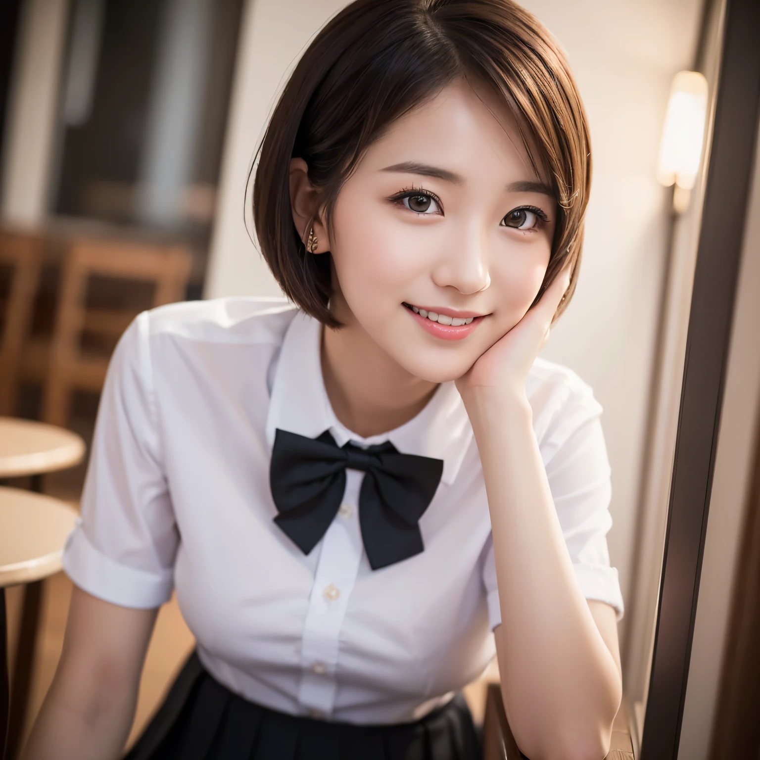 (8k, RAW photo, highest quality, masterpiece:1.2), (realistic, photo-realistic:1.37), super detailed, 1 girl,cute, alone,beautiful and detailed sky,Detailed cafe,night,sitting,date,(blush your nose),(smile:1.1),(closed mouth),big breasts, seductive smile, wide opening, professional lighting, Sony α7R4, Zessie 50mm F1.8, detailed and beautiful eyes,(collared shirt:1.1), bow tie,pleated skirt,(short hair:1.2),floating hair