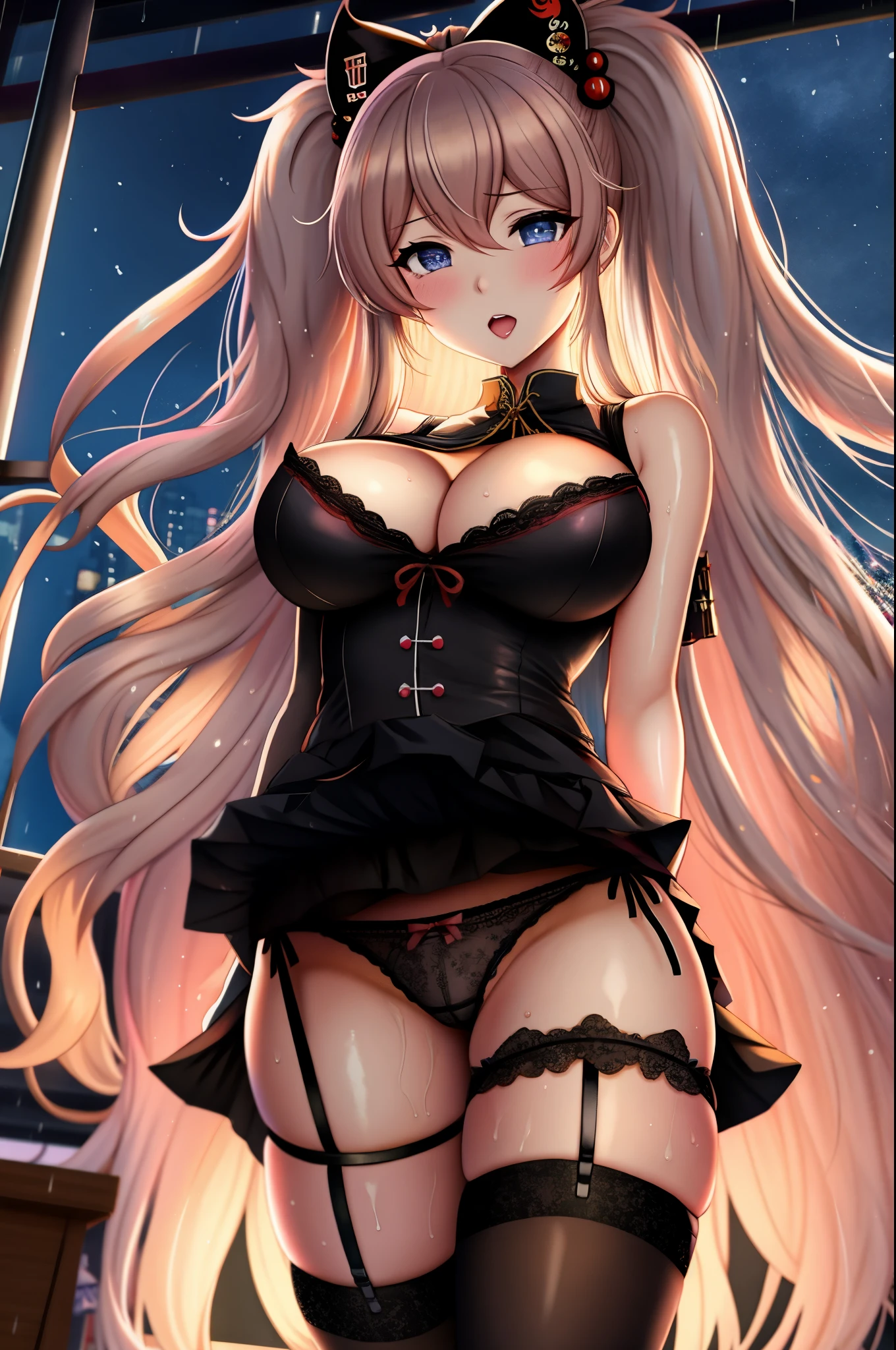 (masterpiece), best quality, expressive eyes, perfect face, junko enoshima, skirt lift, show panties, black fancy lingerie panties, in city skyway at night, cleavage, breasts ready to bust out, wet, garter strips