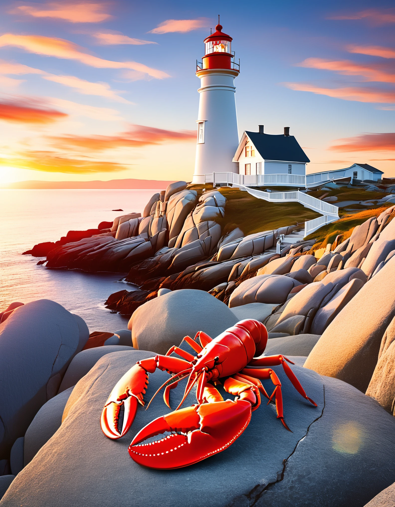 (Three Chinese students are looking at the lighthouse,Happy eating lobster:0.85),sitting on the embankment,sunglasses,Backpack,cigarette case,blue,orange,Jackets and jeans,1 boy and 2 girls, White tourist shoes,background:Horseshoe-shaped Peggy's Cove, Canada,There are rocks on both sides,Huge sunset,post office,