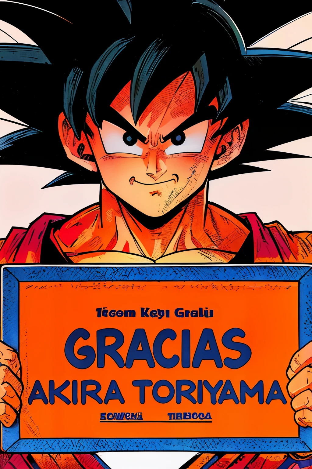 dragon ball goku is holding a sign that says gracias akra torma, toriyama akira, akira toriyama style, akiri toriyama, akira toriyama 📹, art of akira toriyama, son goku, goku, by Akira Toriyama, inspired by Akira Toriyama, dragon ball super, akira toriyama studio ghibli