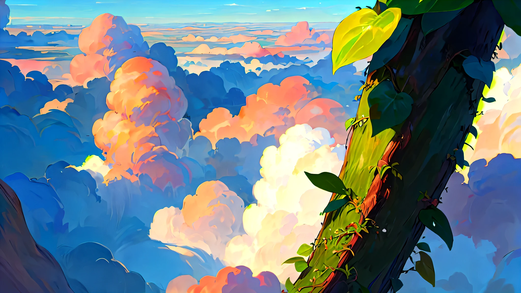 A bean plant grows long and reaches into the clouds, with a green trunk.