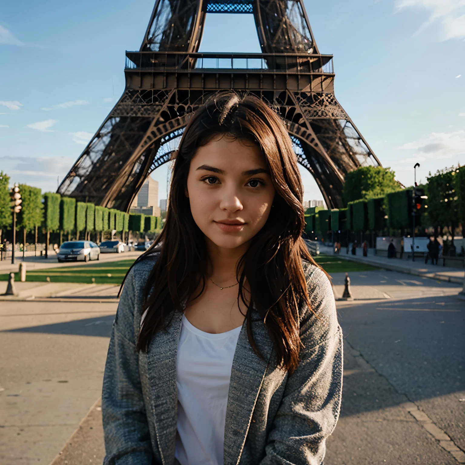 Photo of the girl next to the Eiffel Tower