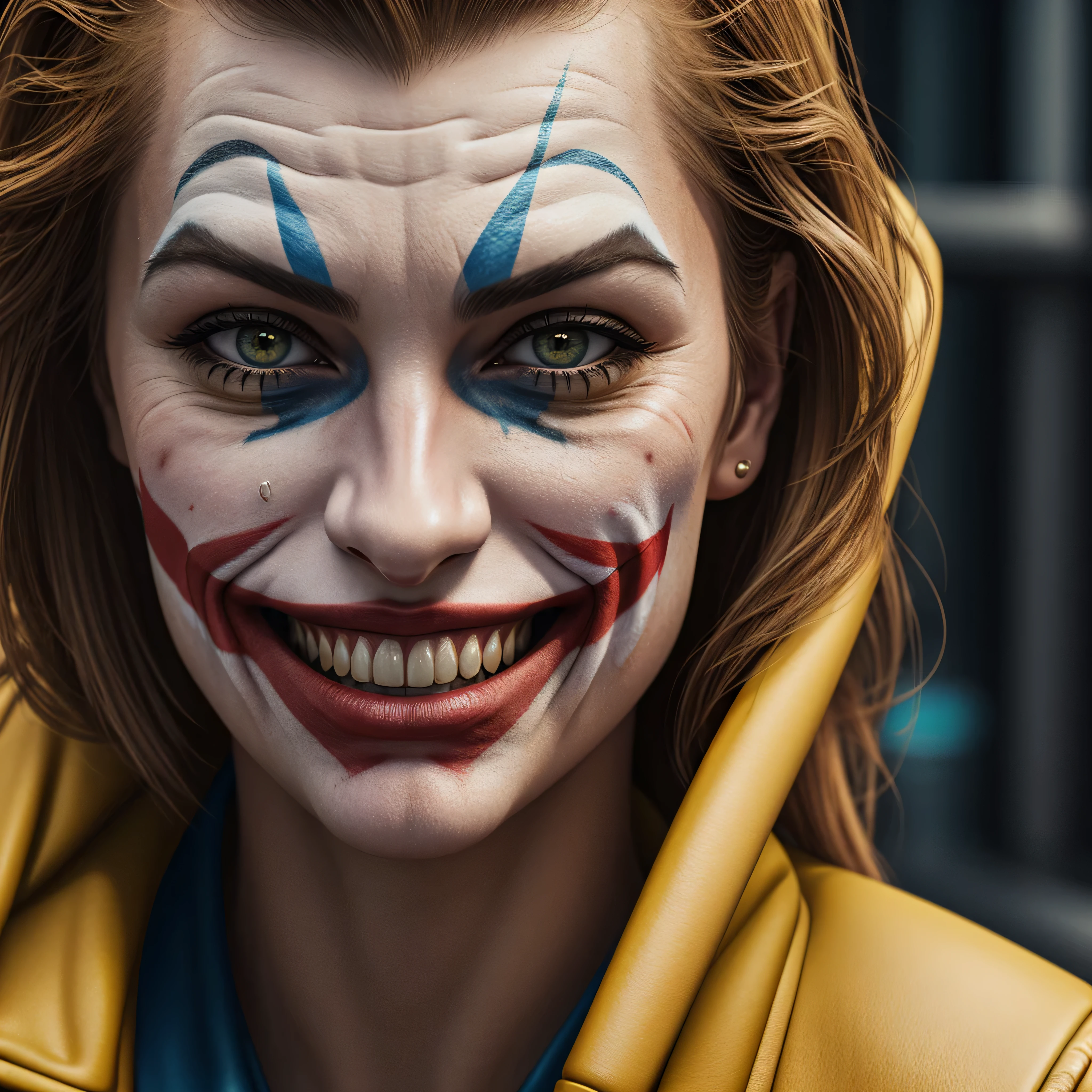 A realistic joker girl wearing yellow jacket and smiling, cinematic, cinematic effects, photography, photorealistic, photorealism, hyperdetailed, illustrations, ultra-realistic, realism, realistic, hyper-realistic, hyperdetailed, detailed face, skin tone, high quality, 8k, 32k,.