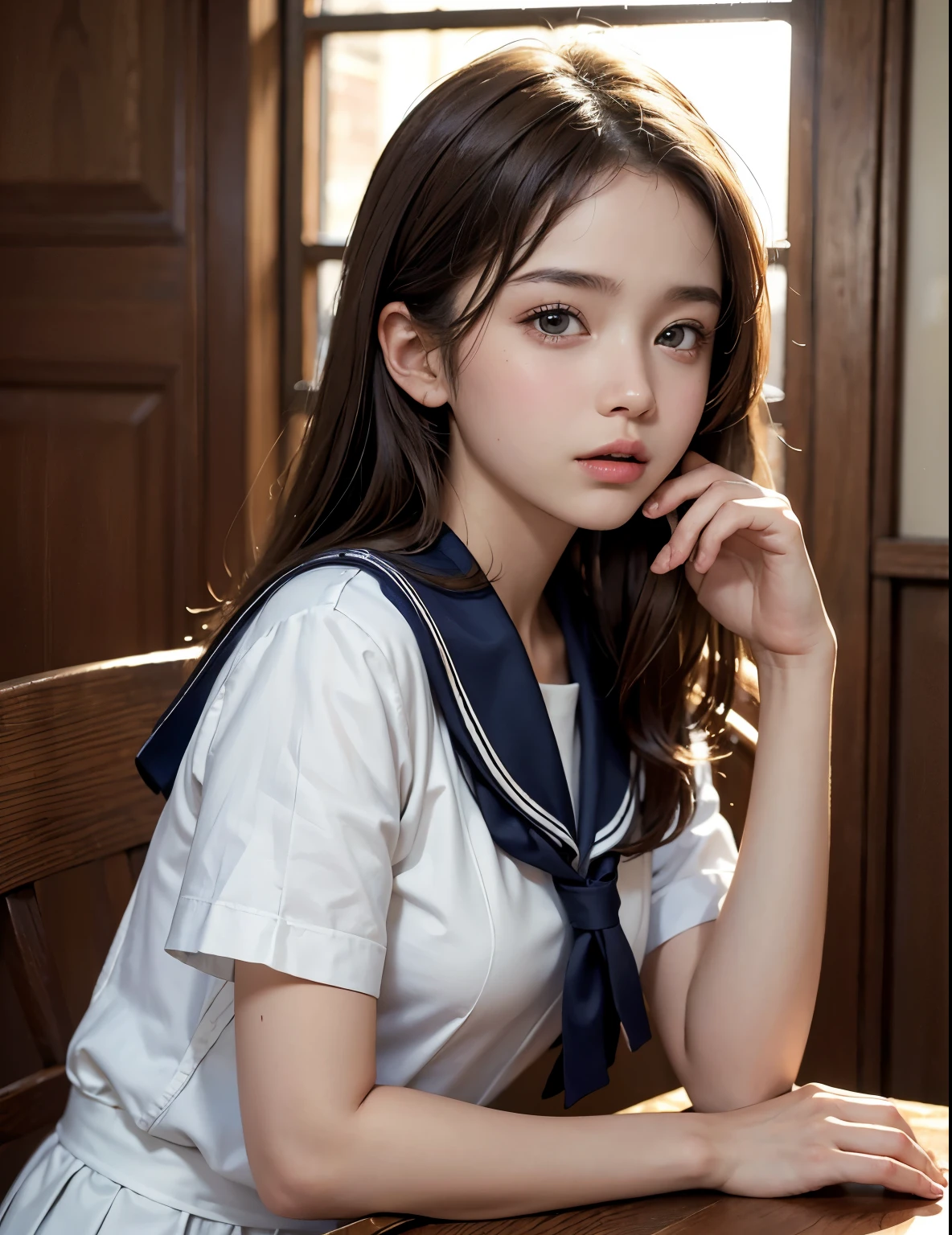 (best quality, masterpiece:1.2), ultra detailed, (photo realistic:1.4), High resolution 16k,Use natural light and color,solo, 1girl, (12-year-old),cute girl, shiny skin,sexy,sailor uniform,
