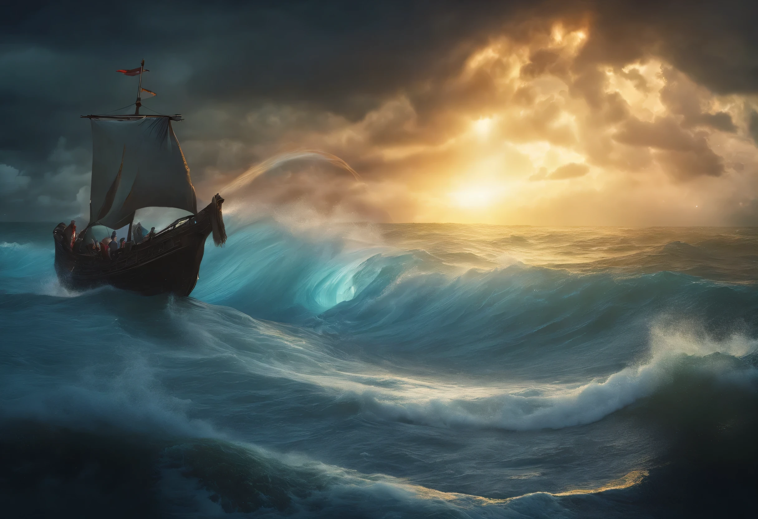 crie uma imagem extremamente realista, with cinematic lighting, ambiente de acordo com o tema, high definition in 4k horizontal format, ilustrando com o tema "Jesus Christ seen from the back walking on water, It is possible to see one of Jesus' feet in an extremely rough sea , ondas muito altas no meio de uma grande tempestade, chuva, but on him an intense light coming from the heavens as if it were the glory of God over Jesus and on him it doesn't chuva either"