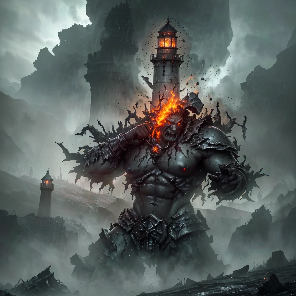 In the setting of warhammer fantasy, the Orcs have built a ramshackle jagged lighthouse made of scrap metal and stone, a pyre blazes at its top. It is a dark stormy night. (best quality,4k,8k,highres,masterpiece:1.2), ultra-detailed, (realistic,photorealistic,photo-realistic:1.37), HDR, UHD, studio lighting, extreme detail description, professional, vivid colors, bokeh, Physically-based rendering, sharp focus Orcs, warhammer fantasy, jagged lighthouse, scrap metal, stone, pyre, dark stormy night, eerie atmosphere, thunder and lightning, rain pouring down, billowing dark clouds, waves crashing, wind howling, ominous shadows, ominous sounds, heavy raindrops, wet ground, flickering flames, crackling fire, sparks flying, smoke rising, chaotic surroundings, rugged structure, rusty metal, weathered stone, dramatic composition, dynamic perspective, powerful silhouette, intimidating presence, rough textures, gritty details, haunting ambience, menacing feel, dangerous environment, thrilling adventure, sinister vibe, epic fantasy Keep in mind that the prompt should follow the specified format and not include any explanations or additional sentences. Make sure to arrange the tags in order of importance and consider incorporating relevant details or elements to create a vivid and captivating image.