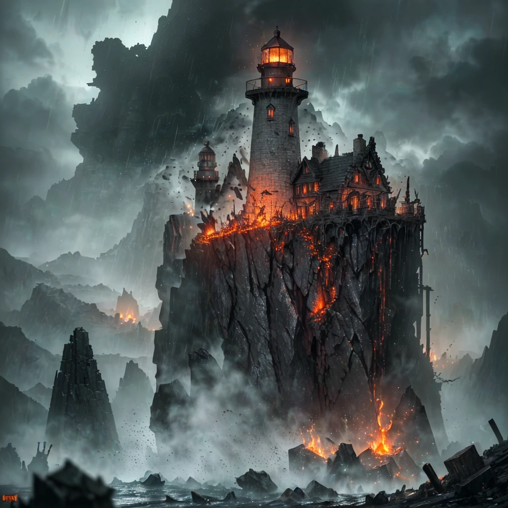 In the setting of warhammer fantasy, the Orcs have built a ramshackle jagged lighthouse made of scrap metal and stone, a pyre blazes at its top. It is a dark stormy night. (best quality,4k,8k,highres,masterpiece:1.2), ultra-detailed, (realistic,photorealistic,photo-realistic:1.37), HDR, UHD, studio lighting, extreme detail description, professional, vivid colors, bokeh, Physically-based rendering, sharp focus Orcs, warhammer fantasy, jagged lighthouse, scrap metal, stone, pyre, dark stormy night, eerie atmosphere, thunder and lightning, rain pouring down, billowing dark clouds, waves crashing, wind howling, ominous shadows, ominous sounds, heavy raindrops, wet ground, flickering flames, crackling fire, sparks flying, smoke rising, chaotic surroundings, rugged structure, rusty metal, weathered stone, dramatic composition, dynamic perspective, powerful silhouette, intimidating presence, rough textures, gritty details, haunting ambience, menacing feel, dangerous environment, thrilling adventure, sinister vibe, epic fantasy Keep in mind that the prompt should follow the specified format and not include any explanations or additional sentences. Make sure to arrange the tags in order of importance and consider incorporating relevant details or elements to create a vivid and captivating image.