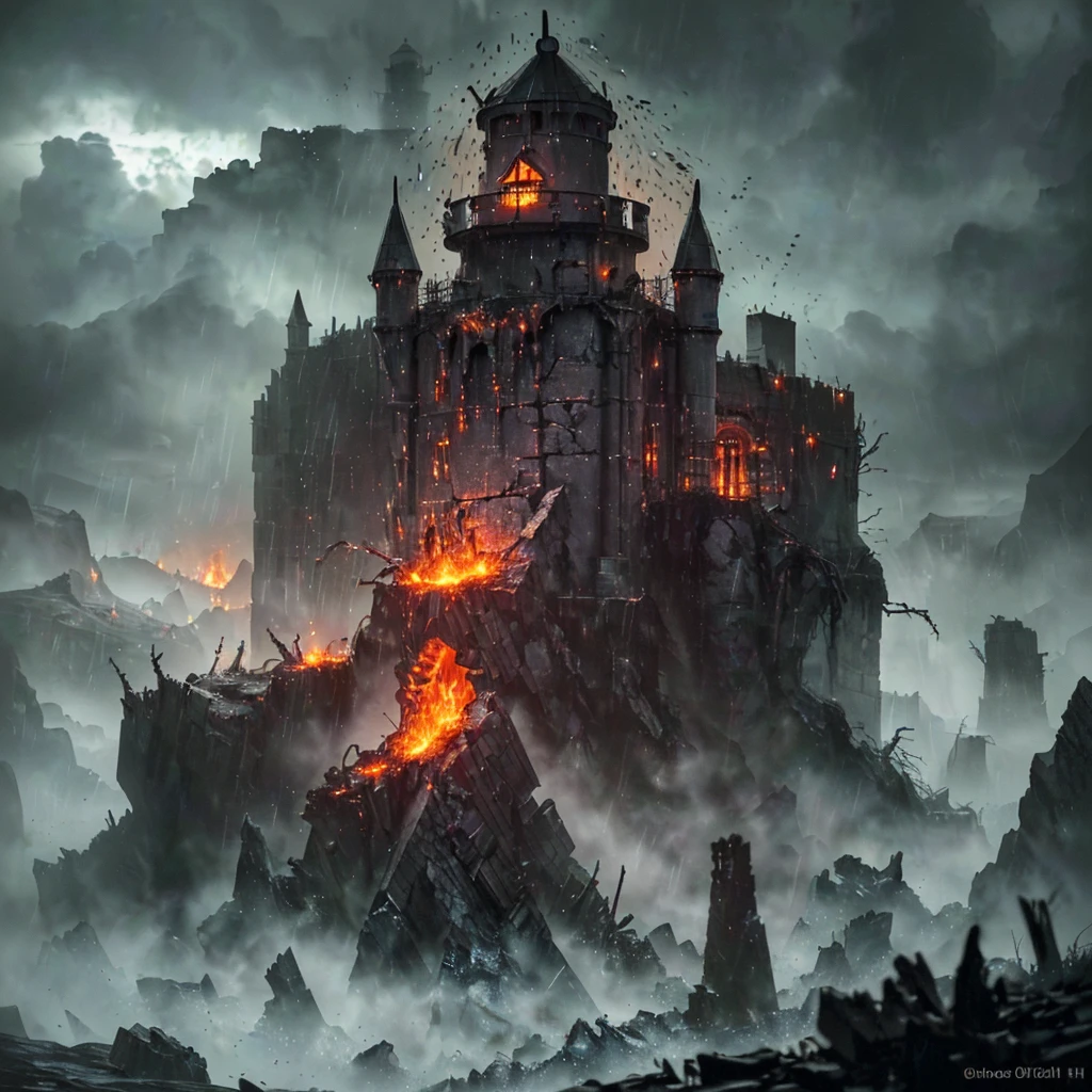 In the setting of warhammer fantasy, the Orcs have built a ramshackle jagged lighthouse made of scrap metal and stone, a pyre blazes at its top. It is a dark stormy night. (best quality,4k,8k,highres,masterpiece:1.2), ultra-detailed, (realistic,photorealistic,photo-realistic:1.37), HDR, UHD, studio lighting, extreme detail description, professional, vivid colors, bokeh, Physically-based rendering, sharp focus Orcs, warhammer fantasy, jagged lighthouse, scrap metal, stone, pyre, dark stormy night, eerie atmosphere, thunder and lightning, rain pouring down, billowing dark clouds, waves crashing, wind howling, ominous shadows, ominous sounds, heavy raindrops, wet ground, flickering flames, crackling fire, sparks flying, smoke rising, chaotic surroundings, rugged structure, rusty metal, weathered stone, dramatic composition, dynamic perspective, powerful silhouette, intimidating presence, rough textures, gritty details, haunting ambience, menacing feel, dangerous environment, thrilling adventure, sinister vibe, epic fantasy Keep in mind that the prompt should follow the specified format and not include any explanations or additional sentences. Make sure to arrange the tags in order of importance and consider incorporating relevant details or elements to create a vivid and captivating image.