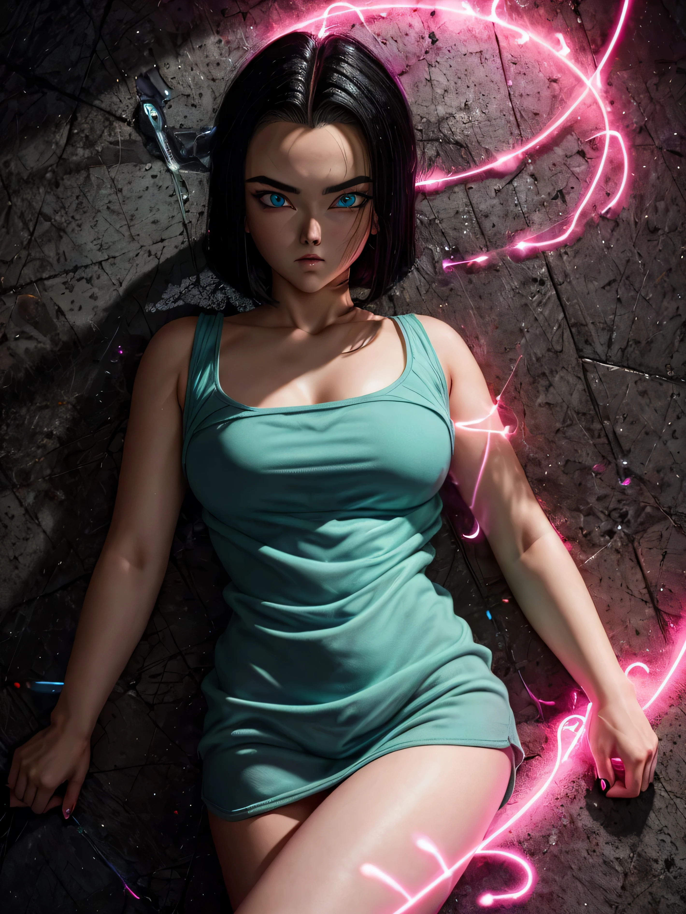 An exquisite masterpiece of top quality and high resolution featuring Marnie. Big sleepy eyes, Aqua eyes、Glowing under the dim light. black short hair, only head and shoulders, magazine style, pink top, russian girl, hyperrealistic. Android 17
