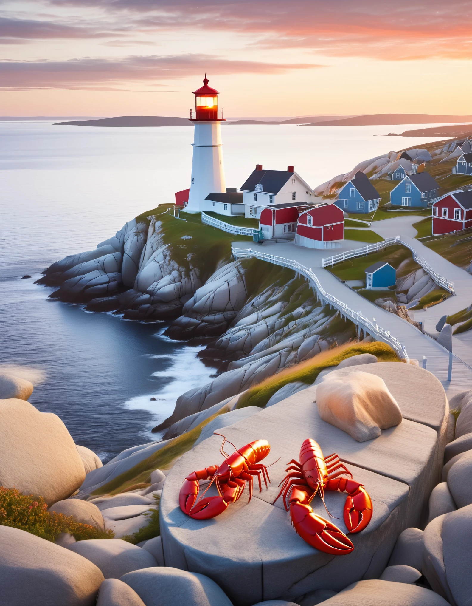 （Three Chinese students are looking at the lighthouse，Happy eating lobster：0.85），Flat hair style，sitting on the embankment，sunglasses，Backpack，cigarette case，Blue jacket and jeans， White tourist shoes，background：Horseshoe-shaped Peggy&#39;s Cove, Canada，There are rocks on both sides，Huge sunset，post office，