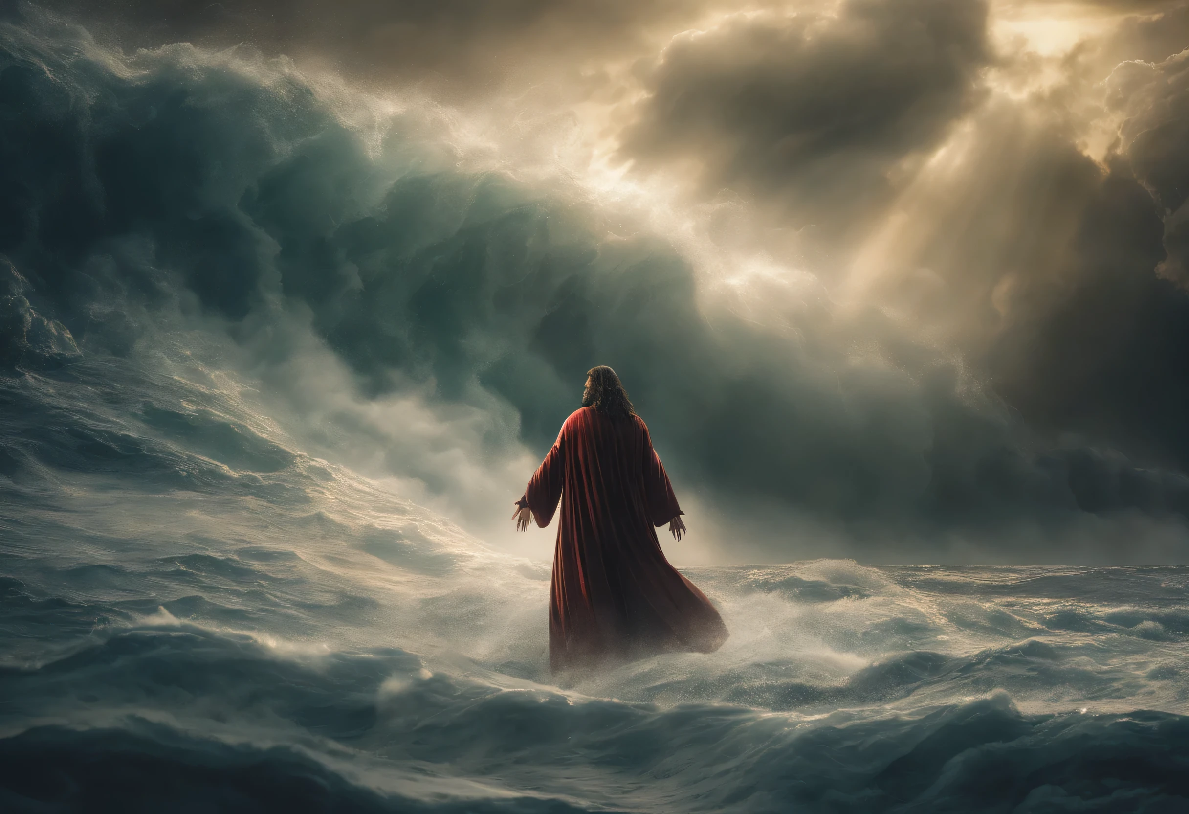 crie uma imagem extremamente realista, with cinematic lighting, ambiente de acordo com o tema, high definition in 4k horizontal format, ilustrando com o tema "Jesus Christ seen from the back walking on water, It is possible to see one of Jesus&#39; feet in an extremely rough sea , ondas muito altas no meio de uma grande tempestade, chuva, but on him an intense light coming from the heavens as if it were the glory of God over Jesus and on him it doesn't chuva either"