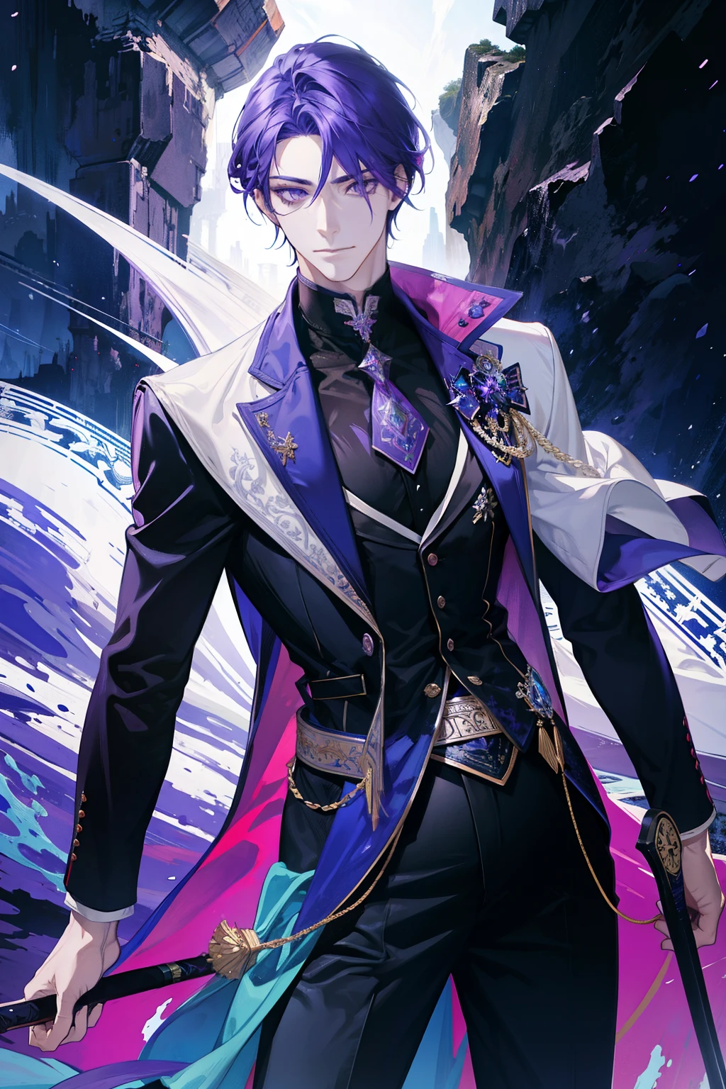 domineering boy,good looking,tall muscular male,broad shoulders,purple eyes,purple hair,with a sword,fanciful,detailed face,throne effect,Optimal ratio of 4 fingers and 1 thumb,icy,intense cold,cold wave,smile,(dutch angle),please shut your mouth