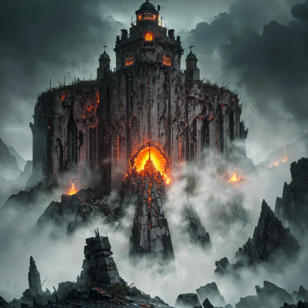 In the setting of warhammer fantasy, the Orcs have built a ramshackle jagged lighthouse made of scrap metal and stone, a pyre blazes at its top. It is a dark stormy night. (best quality,4k,8k,highres,masterpiece:1.2), ultra-detailed, (realistic,photorealistic,photo-realistic:1.37), HDR, UHD, studio lighting, extreme detail description, professional, vivid colors, bokeh, Physically-based rendering, sharp focus Orcs, warhammer fantasy, jagged lighthouse, scrap metal, stone, pyre, dark stormy night, eerie atmosphere, thunder and lightning, rain pouring down, billowing dark clouds, waves crashing, wind howling, ominous shadows, ominous sounds, heavy raindrops, wet ground, flickering flames, crackling fire, sparks flying, smoke rising, chaotic surroundings, rugged structure, rusty metal, weathered stone, dramatic composition, dynamic perspective, powerful silhouette, intimidating presence, rough textures, gritty details, haunting ambience, menacing feel, dangerous environment, thrilling adventure, sinister vibe, epic fantasy Keep in mind that the prompt should follow the specified format and not include any explanations or additional sentences. Make sure to arrange the tags in order of importance and consider incorporating relevant details or elements to create a vivid and captivating image.