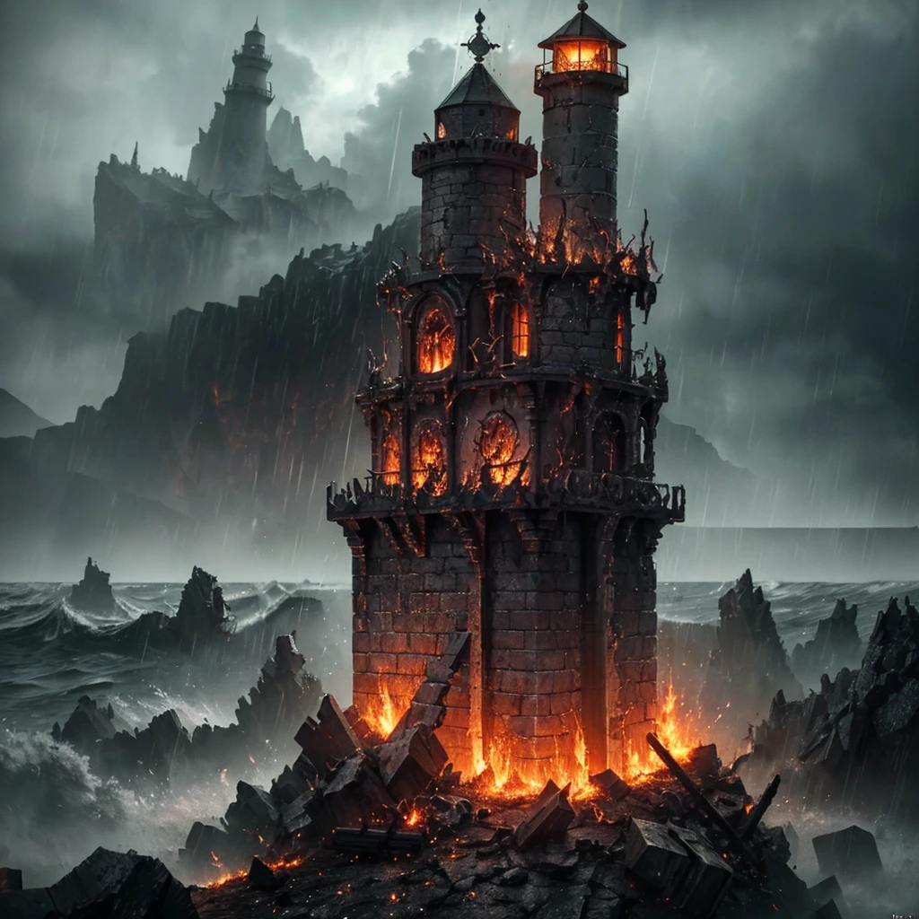 In the setting of warhammer fantasy, the Orcs have built a ramshackle jagged lighthouse made of scrap metal and stone, a pyre blazes at its top. It is a dark stormy night. (best quality,4k,8k,highres,masterpiece:1.2), ultra-detailed, (realistic,photorealistic,photo-realistic:1.37), HDR, UHD, studio lighting, extreme detail description, professional, vivid colors, bokeh, Physically-based rendering, sharp focus Orcs, warhammer fantasy, jagged lighthouse, scrap metal, stone, pyre, dark stormy night, eerie atmosphere, thunder and lightning, rain pouring down, billowing dark clouds, waves crashing, wind howling, ominous shadows, ominous sounds, heavy raindrops, wet ground, flickering flames, crackling fire, sparks flying, smoke rising, chaotic surroundings, rugged structure, rusty metal, weathered stone, dramatic composition, dynamic perspective, powerful silhouette, intimidating presence, rough textures, gritty details, haunting ambience, menacing feel, dangerous environment, thrilling adventure, sinister vibe, epic fantasy Keep in mind that the prompt should follow the specified format and not include any explanations or additional sentences. Make sure to arrange the tags in order of importance and consider incorporating relevant details or elements to create a vivid and captivating image.