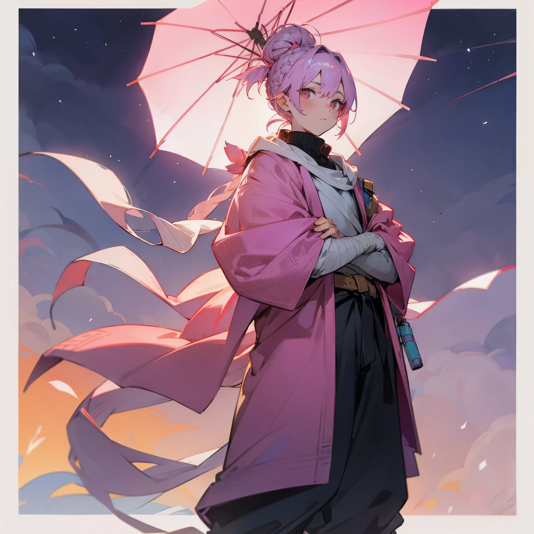 1male, adult, finely detailed pink eyes, long messy braided bun, lavender and coral ombré hair color, loose turtleneck, loose baggy pants, poncho, bandages wrapped around arms, standing with arms folded, standing on open trail, night, village, muscular, serious 