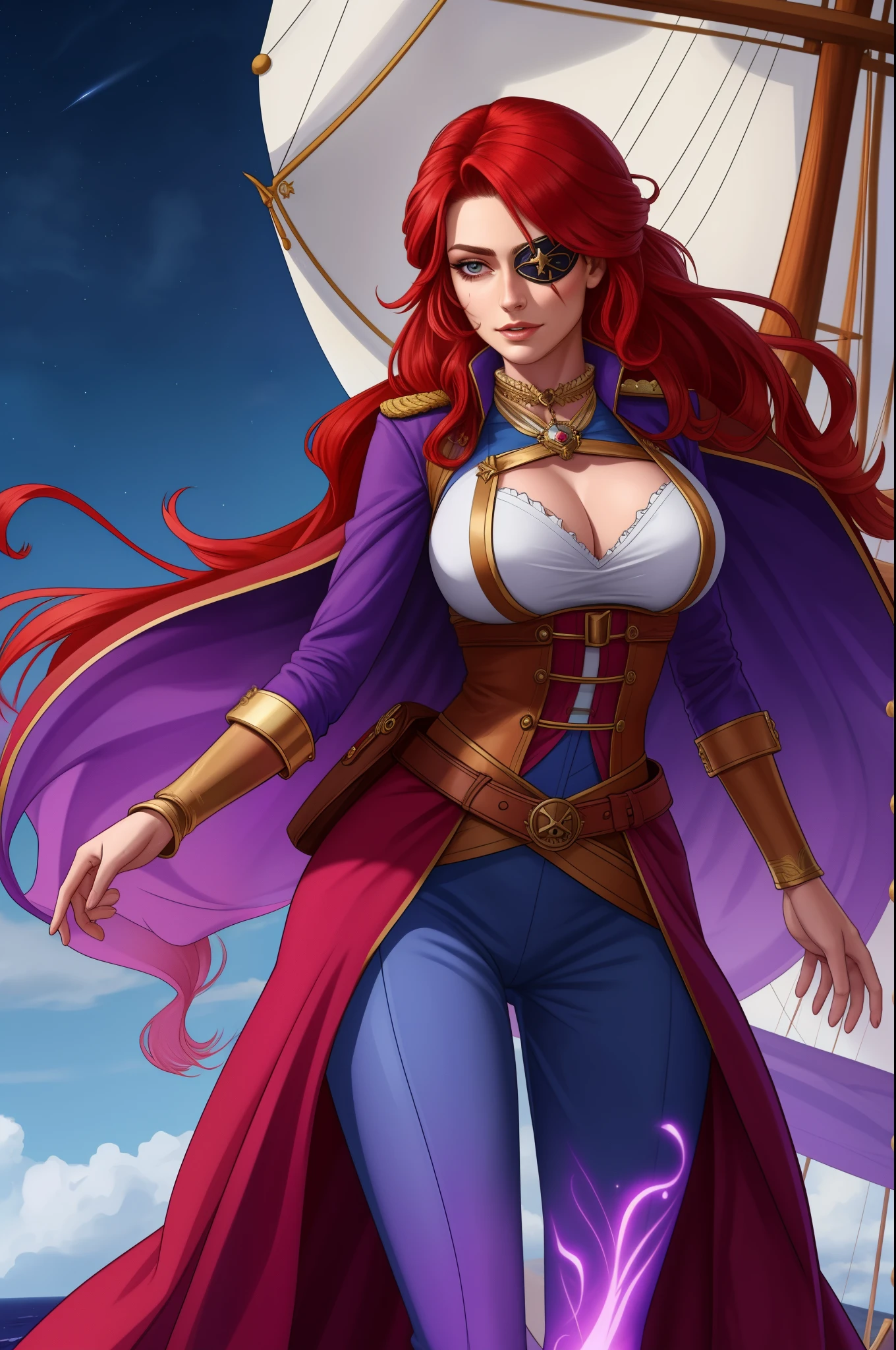 Imagine a dynamic portrait of Captain Alexandra Nelly, a fearless sky pirate hunter with a vibrant and complex background. She stands confidently, embodying both her human and mystical air spirit heritage. Her bright red hair, infused with streaks of purple, flows freely, symbolizing her wild spirit and connection to the sky. Her facial expression is determined and fierce, marked by a significant slash across one side of her face, a remnant of a pirate attack. This injury has left her with a unique eye that glows with a soft blue magic, a direct link to her air spirit mother. Though she often covers this magical eye with an eye patch, for this portrait, we see the glow peeking out, hinting at her ability to see magic directly. She's dressed in attire befitting her role as a captain who hunts pirates and frees slaves, blending practicality with the flair of high adventure. Her outfit is a mix of rugged leather and flowing fabrics, suggesting both her toughness and her connection to the air. Around her, the hint of a magical, ethereal ship suggests her quest to find her father and the living ship named after her mother, highlighting her deep personal stakes in her adventures across the sky islands full body shot