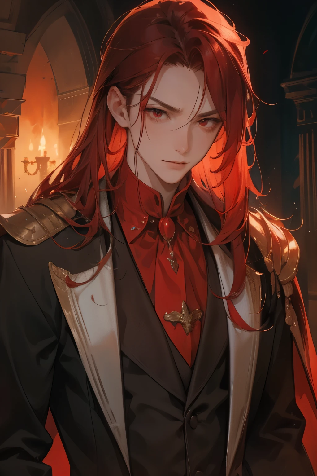 male, adult, medium red messy hair, red eyes, adult face, adult, victorian suit,, chest armor, fantasy, vampire, smirk, licking fingers, red wizard