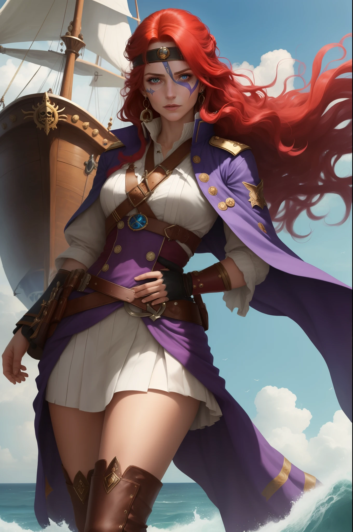 Imagine a dynamic portrait of Captain Alexandra Nelly, a fearless sky pirate hunter with a vibrant and complex background. She stands confidently, embodying both her human and mystical air spirit heritage. Her bright red hair, infused with streaks of purple, flows freely, symbolizing her wild spirit and connection to the sky. Her facial expression is determined and fierce, marked by a significant slash across one side of her face, a remnant of a pirate attack. This injury has left her with a unique eye that glows with a soft blue magic, a direct link to her air spirit mother. Though she often covers this magical eye with an eye patch, for this portrait, we see the glow peeking out, hinting at her ability to see magic directly. She's dressed in attire befitting her role as a captain who hunts pirates and frees slaves, blending practicality with the flair of high adventure. Her outfit is a mix of rugged leather and flowing fabrics, suggesting both her toughness and her connection to the air. Around her, the hint of a magical, ethereal ship suggests her quest to find her father and the living ship named after her mother, highlighting her deep personal stakes in her adventures across the sky islands full body shot
