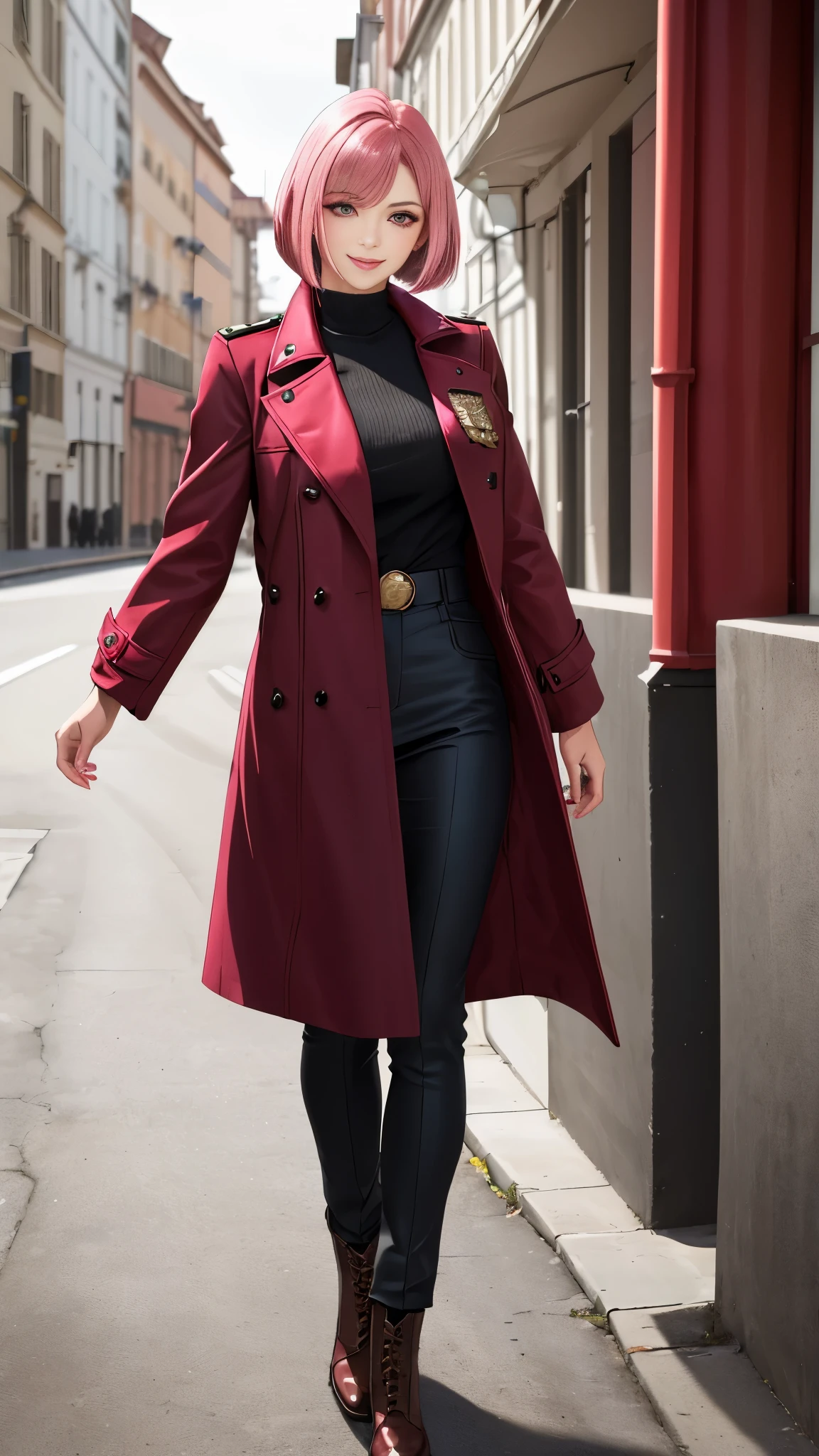 Realistic red Sozabi girl full body photo,short bob cut,hair color is bright pink,brown eyes with double eyelids,smile,natural makeup,background is gray,Coat of arms of the Principality of Zeon,The -yeld dater of Hamankarn and Char Aznable.,