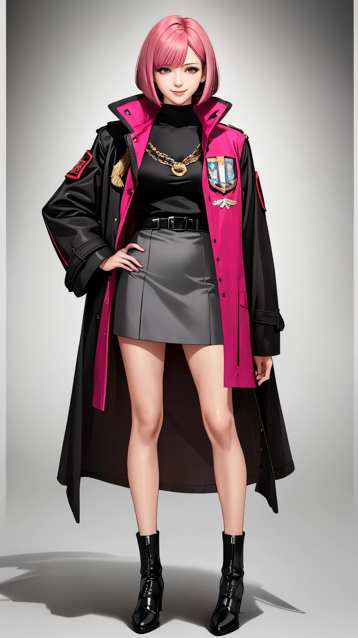Realistic red Sozabi girl full body photo,short bob cut,hair color is bright pink,brown eyes with double eyelids,smile,natural makeup,background is gray,Coat of arms of the Principality of Zeon,The 16-year-old daughter of Hamankarn and Char Aznable.,